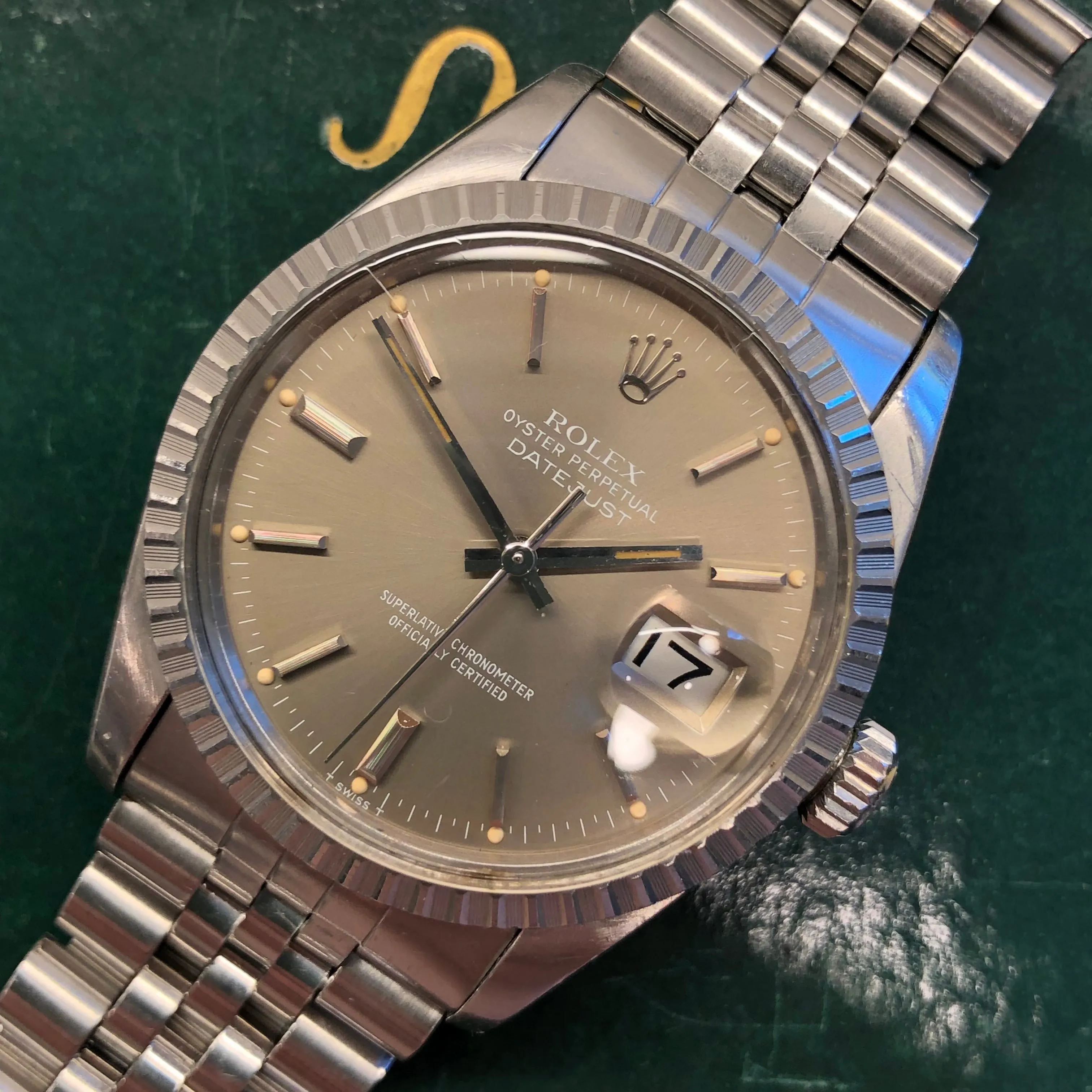1982 Rolex Datejust 16030 Steel Taupe Dial Engine Turned Automatic Wristwatch