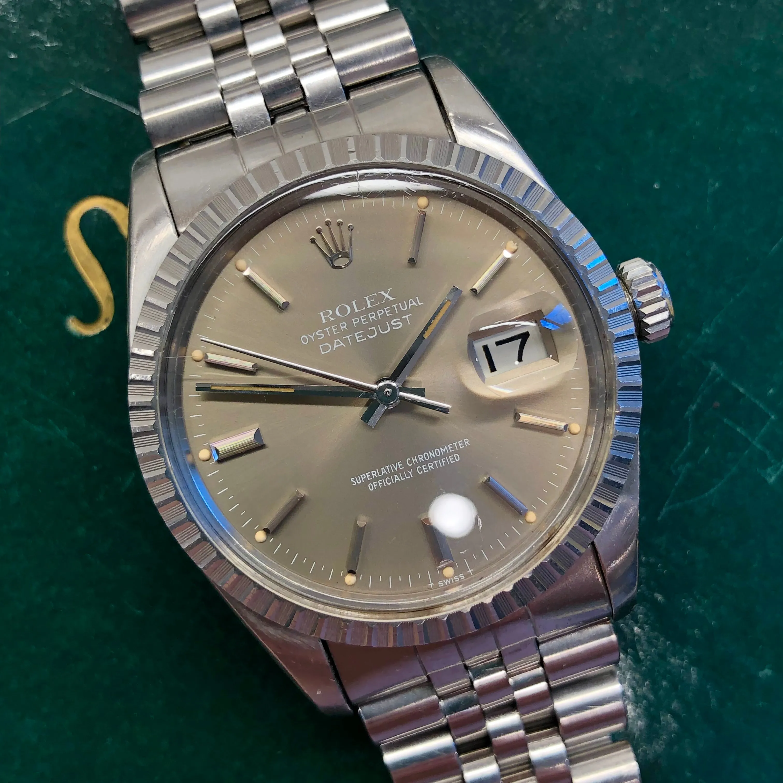1982 Rolex Datejust 16030 Steel Taupe Dial Engine Turned Automatic Wristwatch