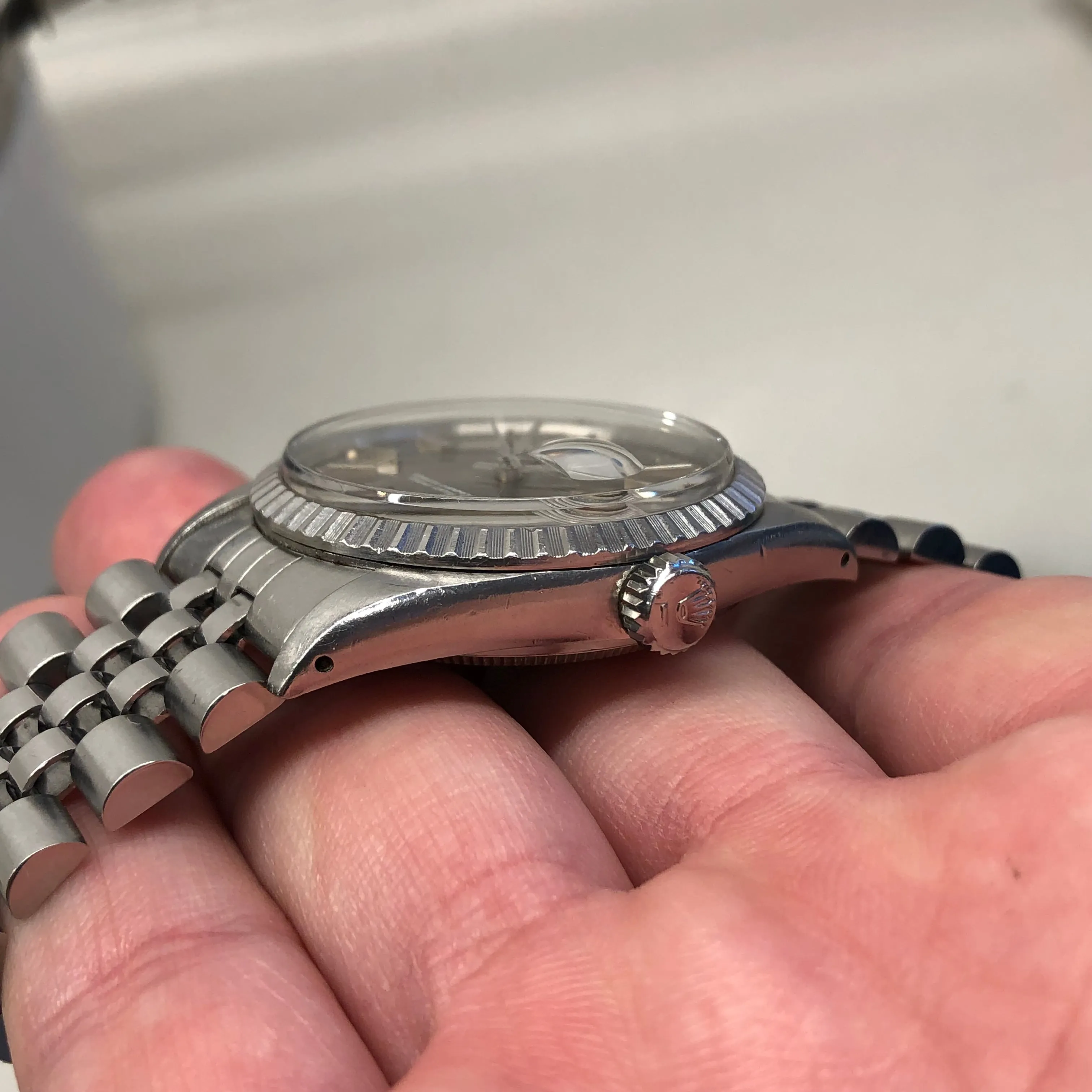 1982 Rolex Datejust 16030 Steel Taupe Dial Engine Turned Automatic Wristwatch