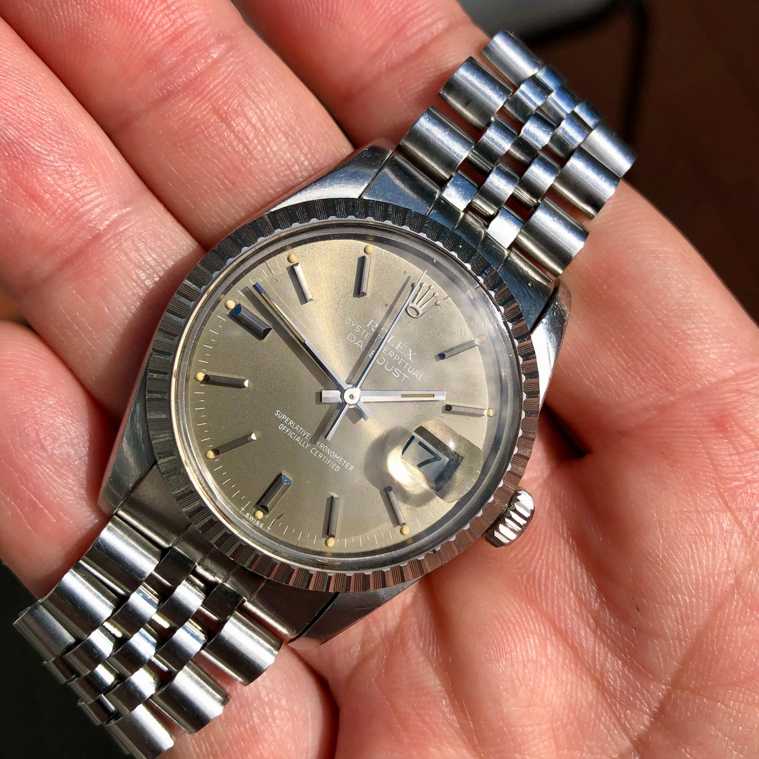 1982 Rolex Datejust 16030 Steel Taupe Dial Engine Turned Automatic Wristwatch
