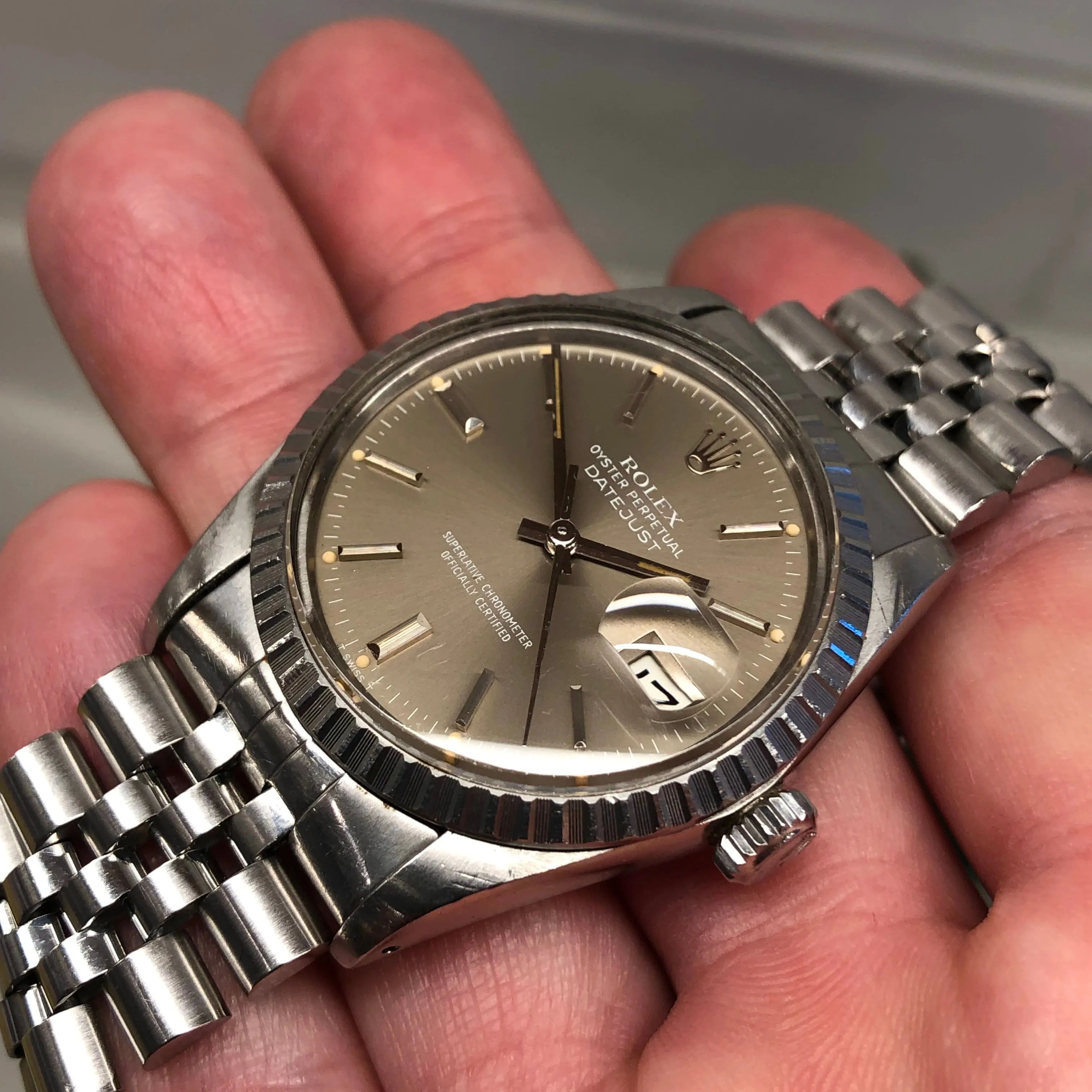 1982 Rolex Datejust 16030 Steel Taupe Dial Engine Turned Automatic Wristwatch