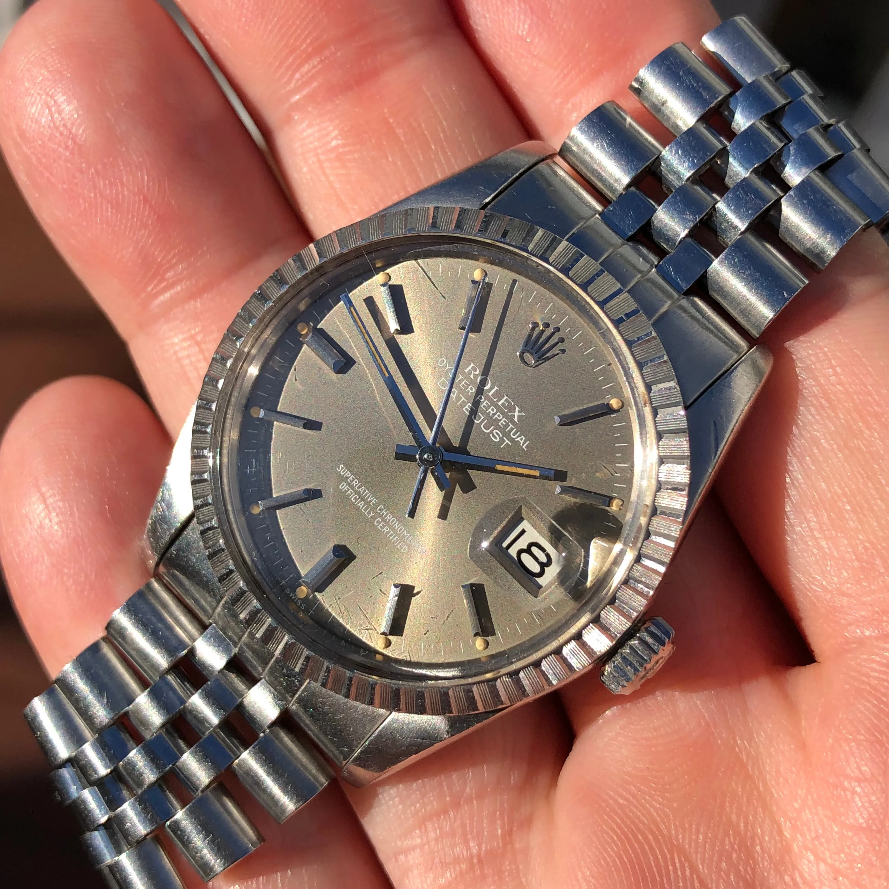 1982 Rolex Datejust 16030 Steel Taupe Dial Engine Turned Automatic Wristwatch