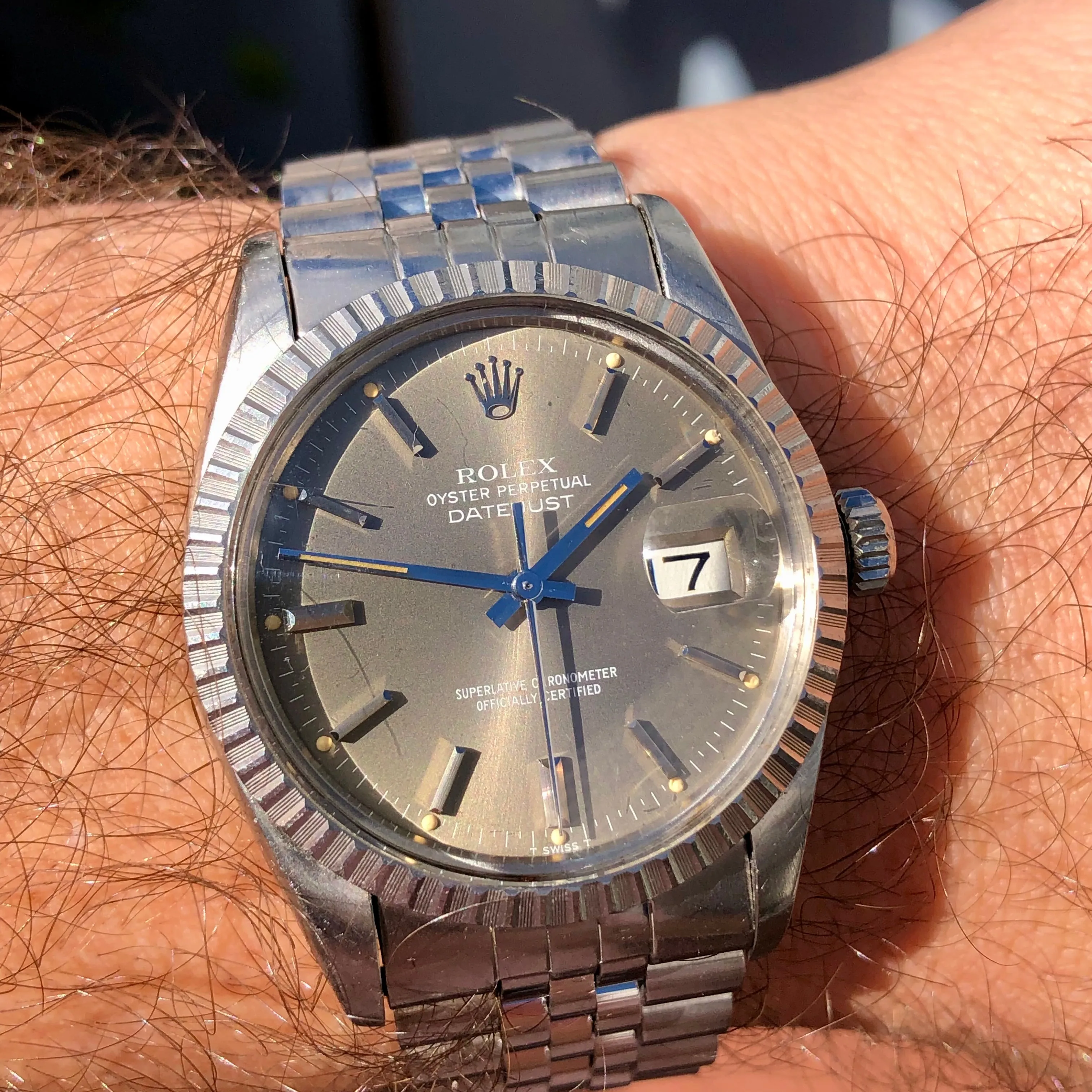 1982 Rolex Datejust 16030 Steel Taupe Dial Engine Turned Automatic Wristwatch