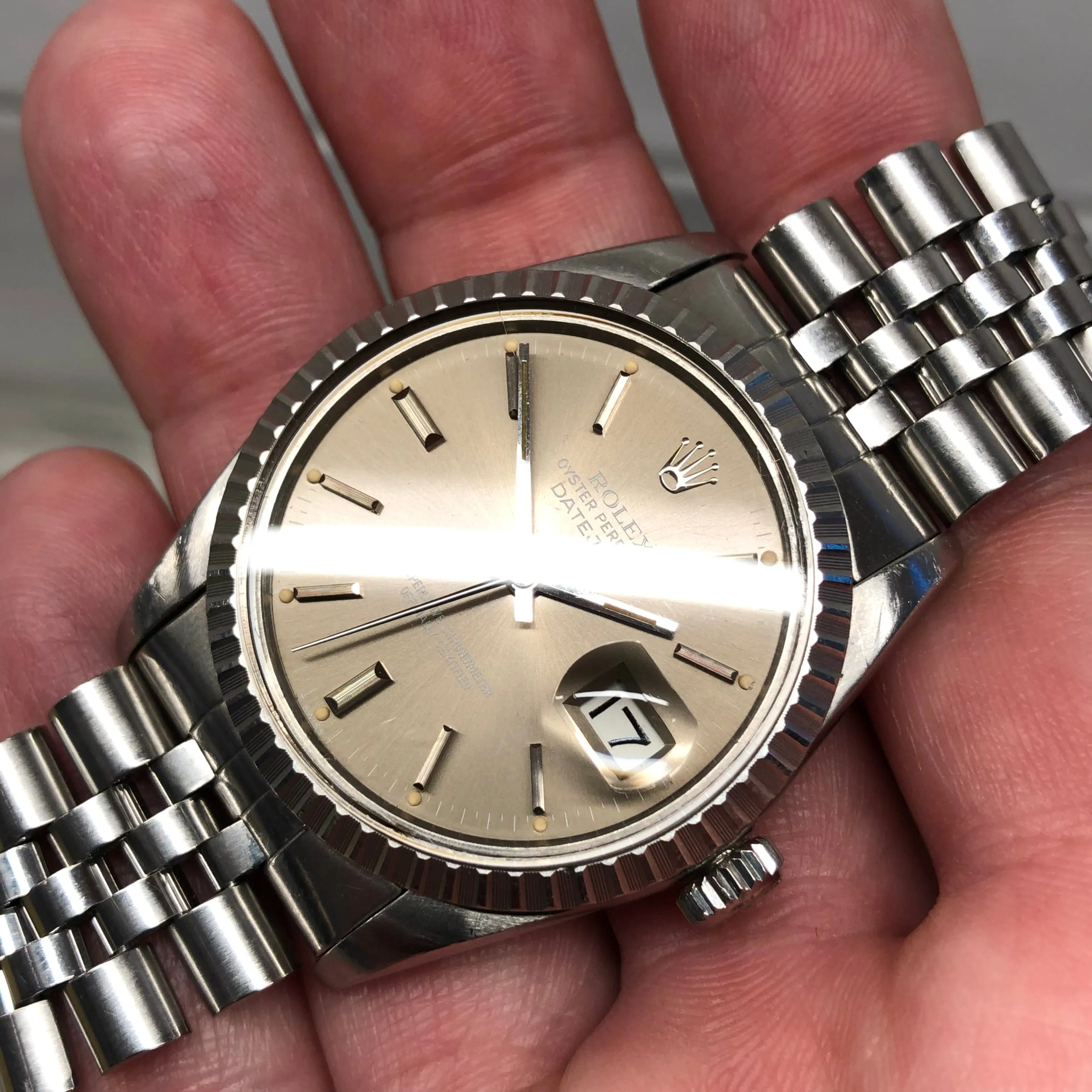1982 Rolex Datejust 16030 Steel Taupe Dial Engine Turned Automatic Wristwatch