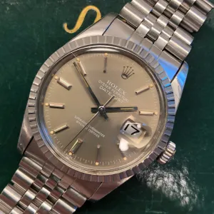 1982 Rolex Datejust 16030 Steel Taupe Dial Engine Turned Automatic Wristwatch