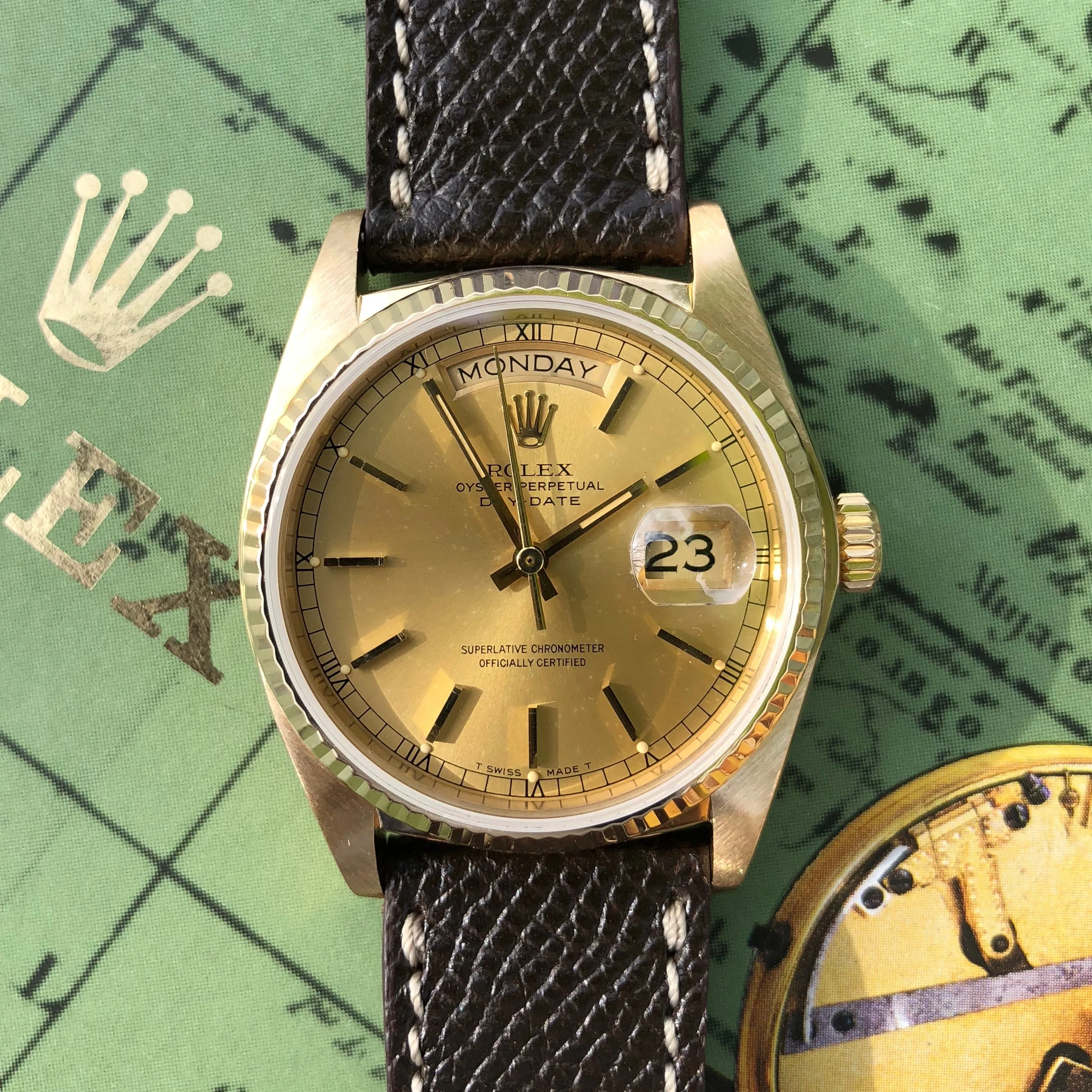 1983 Rolex President 18038 Day Date 18K Yellow Gold Champagne Stick Caliber 3055 Wristwatch