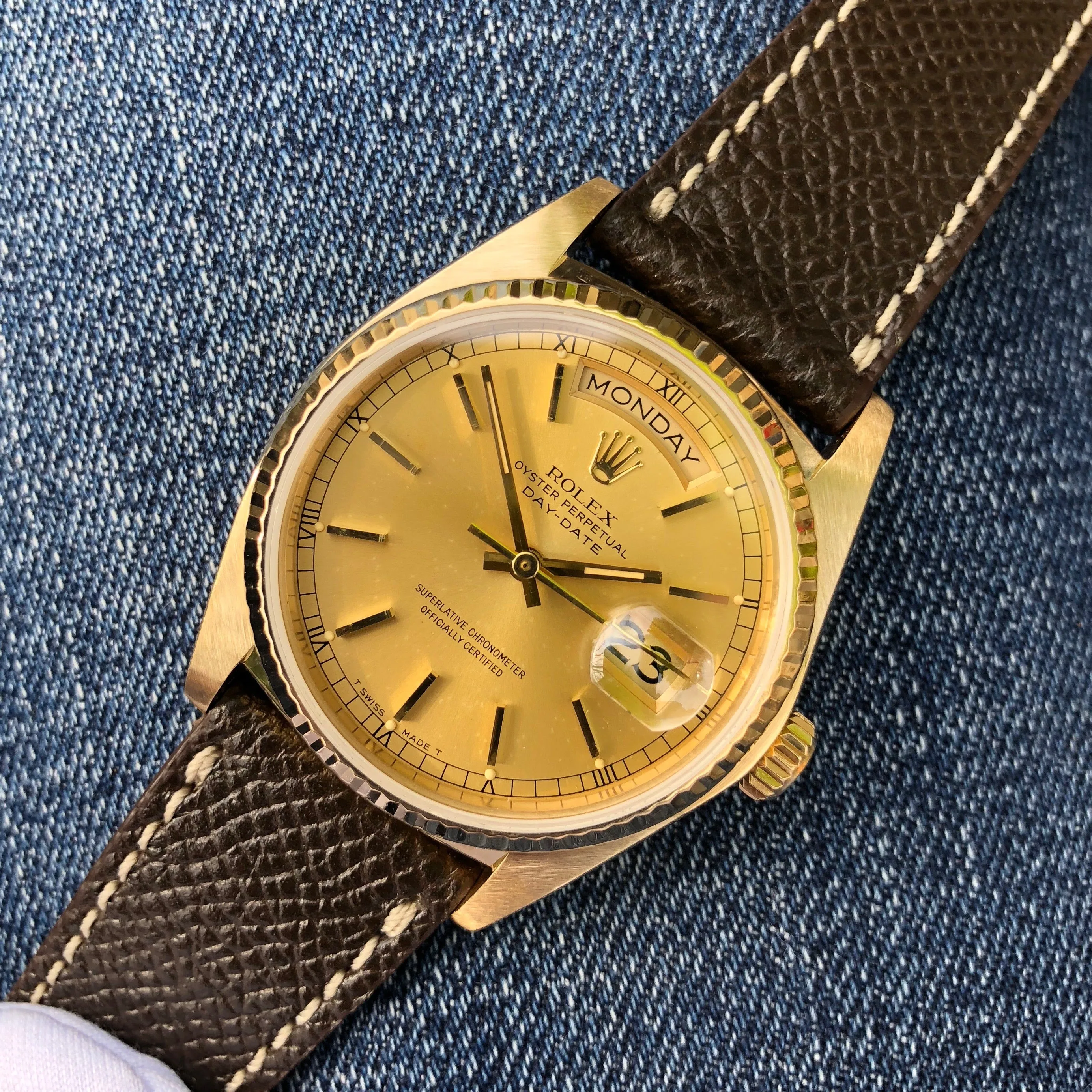 1983 Rolex President 18038 Day Date 18K Yellow Gold Champagne Stick Caliber 3055 Wristwatch