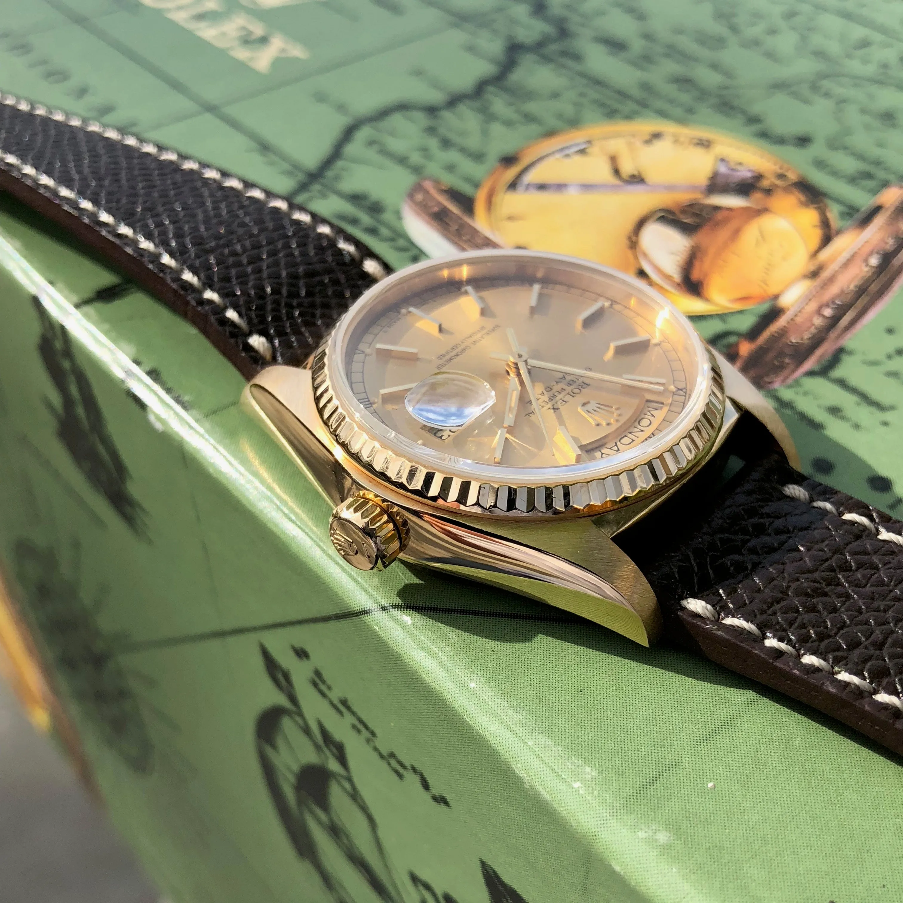 1983 Rolex President 18038 Day Date 18K Yellow Gold Champagne Stick Caliber 3055 Wristwatch