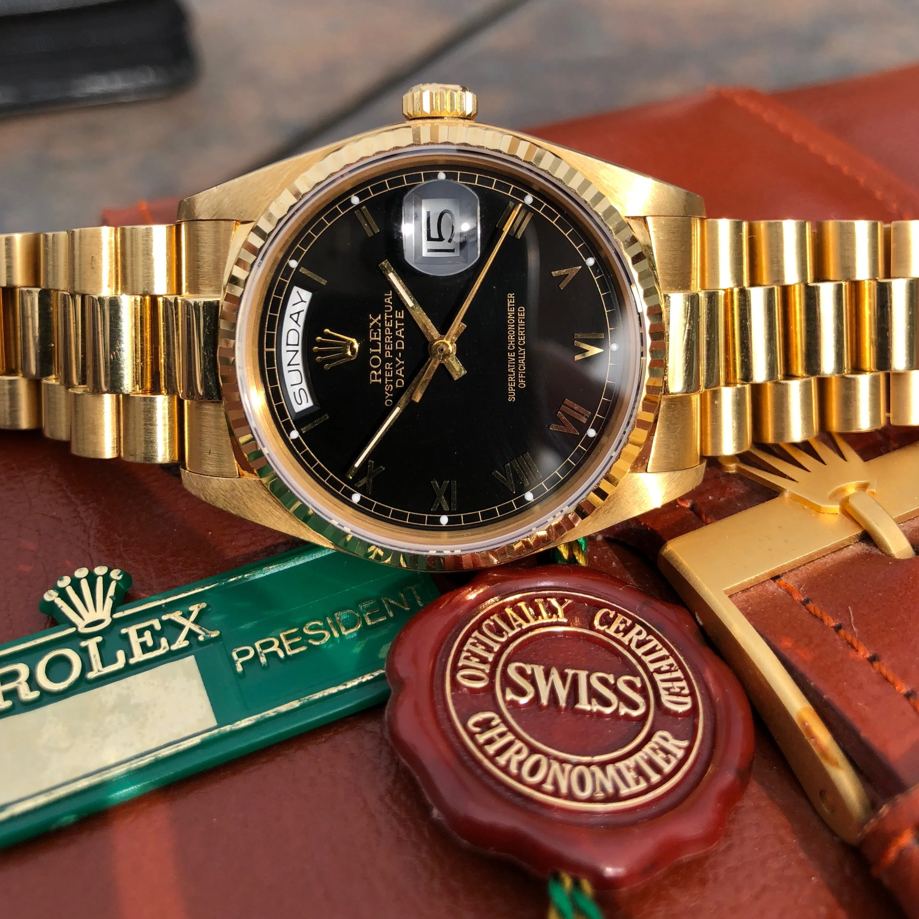 1984 Rolex President 18038 Day Date 18K Yellow Gold Black Roman Box and Tags