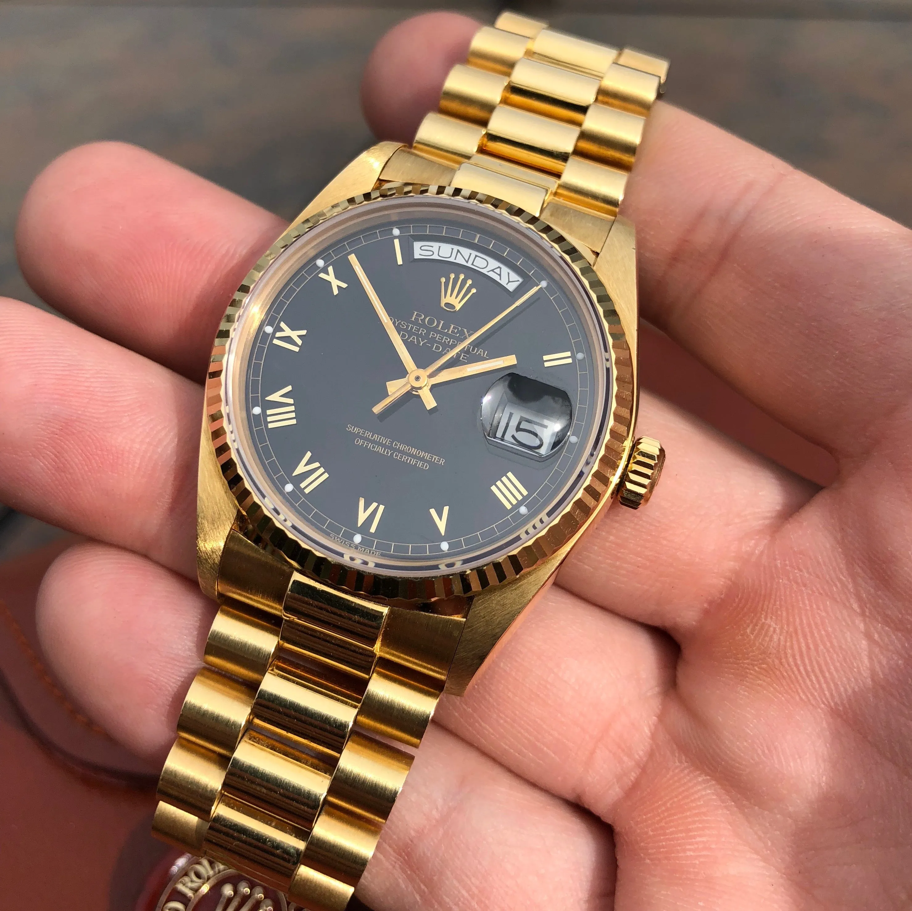 1984 Rolex President 18038 Day Date 18K Yellow Gold Black Roman Box and Tags