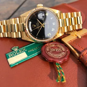 1984 Rolex President 18038 Day Date 18K Yellow Gold Black Roman Box and Tags