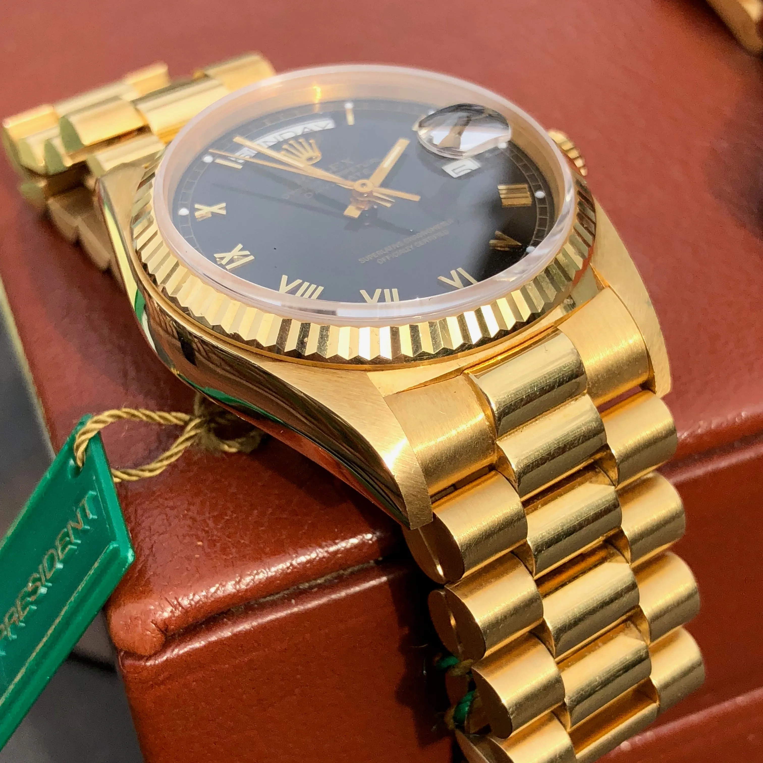 1984 Rolex President 18038 Day Date 18K Yellow Gold Black Roman Box and Tags