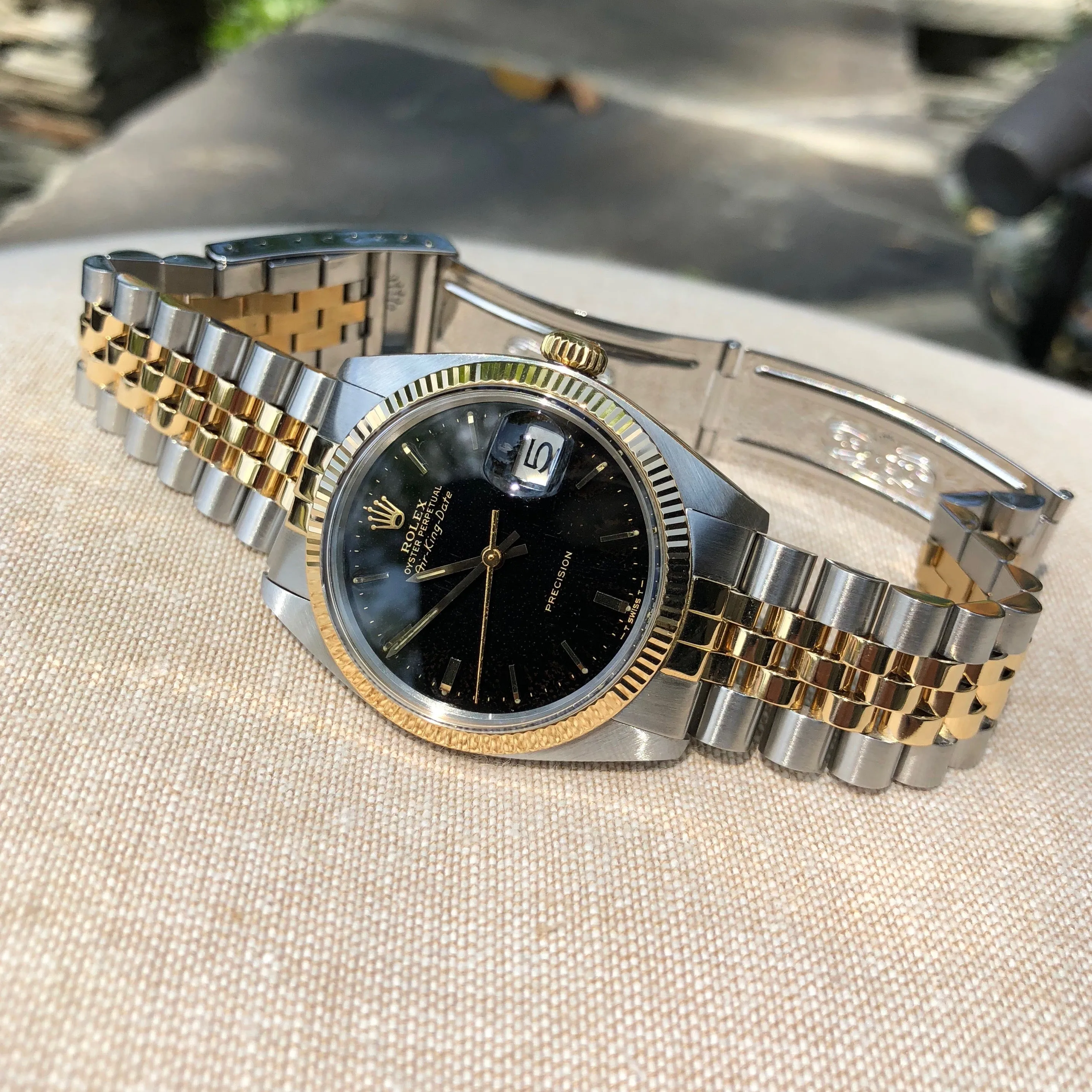 1985 Rolex Air King Date 5701 Two Tone Steel Gold Black Caliber 1570 Automatic Wristwatch