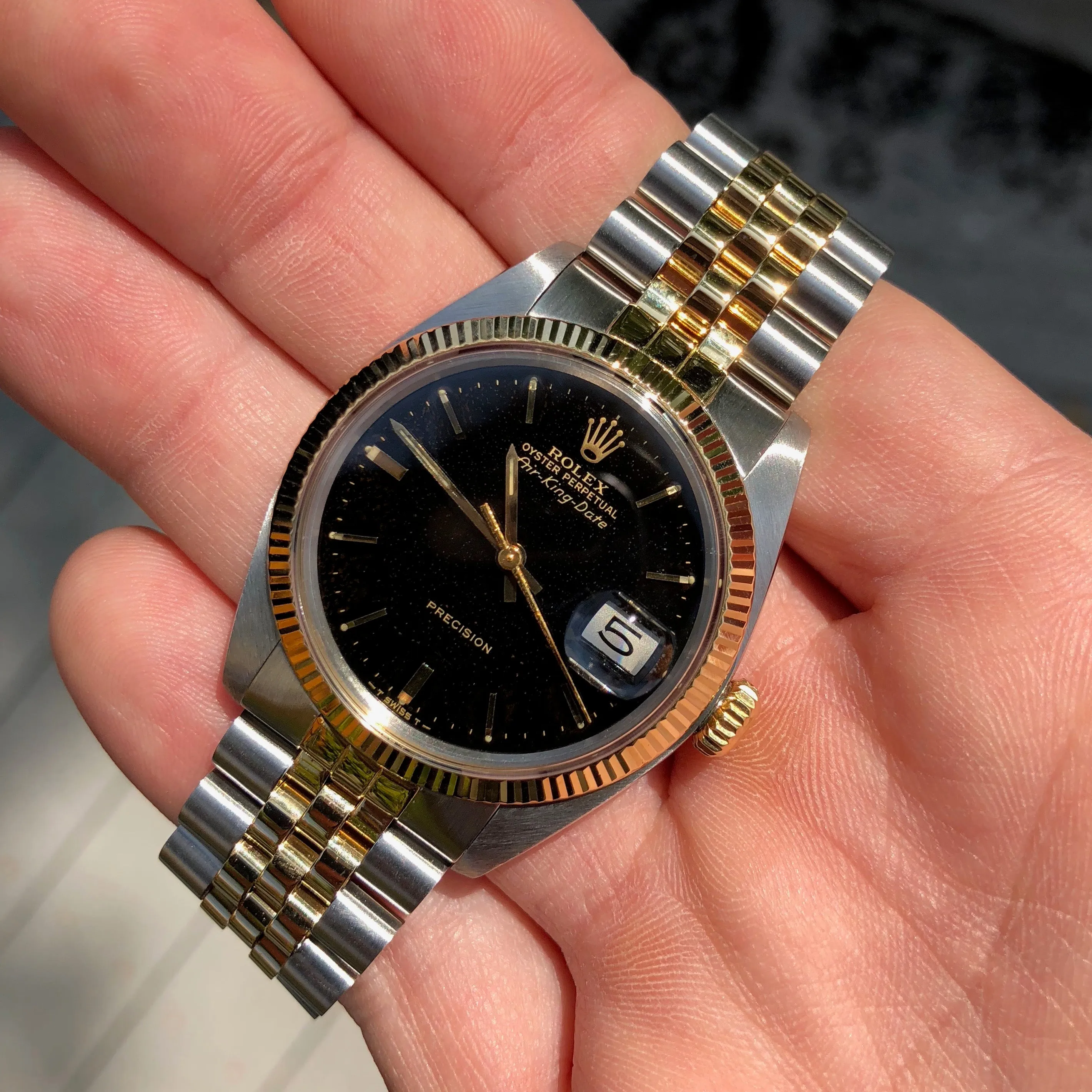 1985 Rolex Air King Date 5701 Two Tone Steel Gold Black Caliber 1570 Automatic Wristwatch