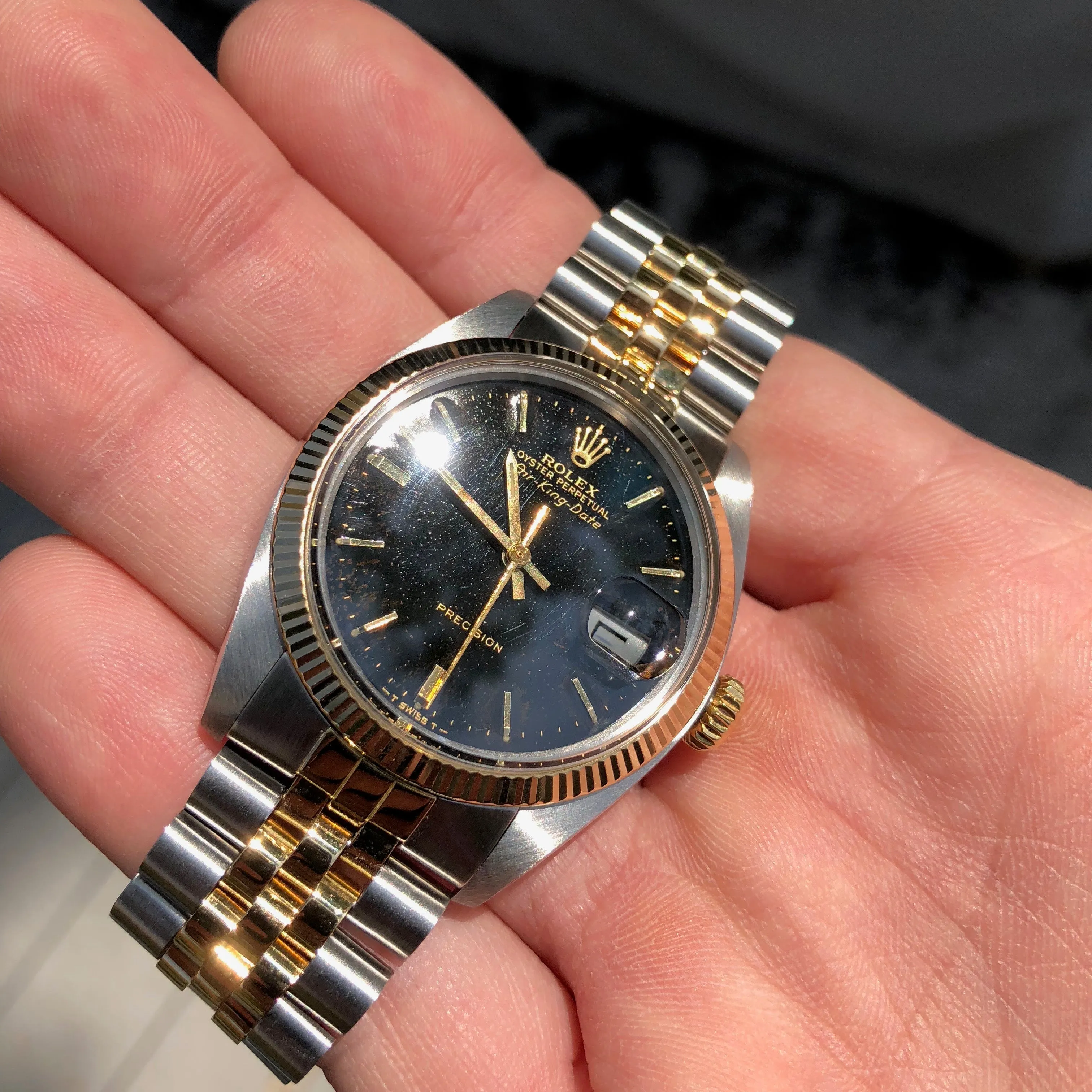 1985 Rolex Air King Date 5701 Two Tone Steel Gold Black Caliber 1570 Automatic Wristwatch