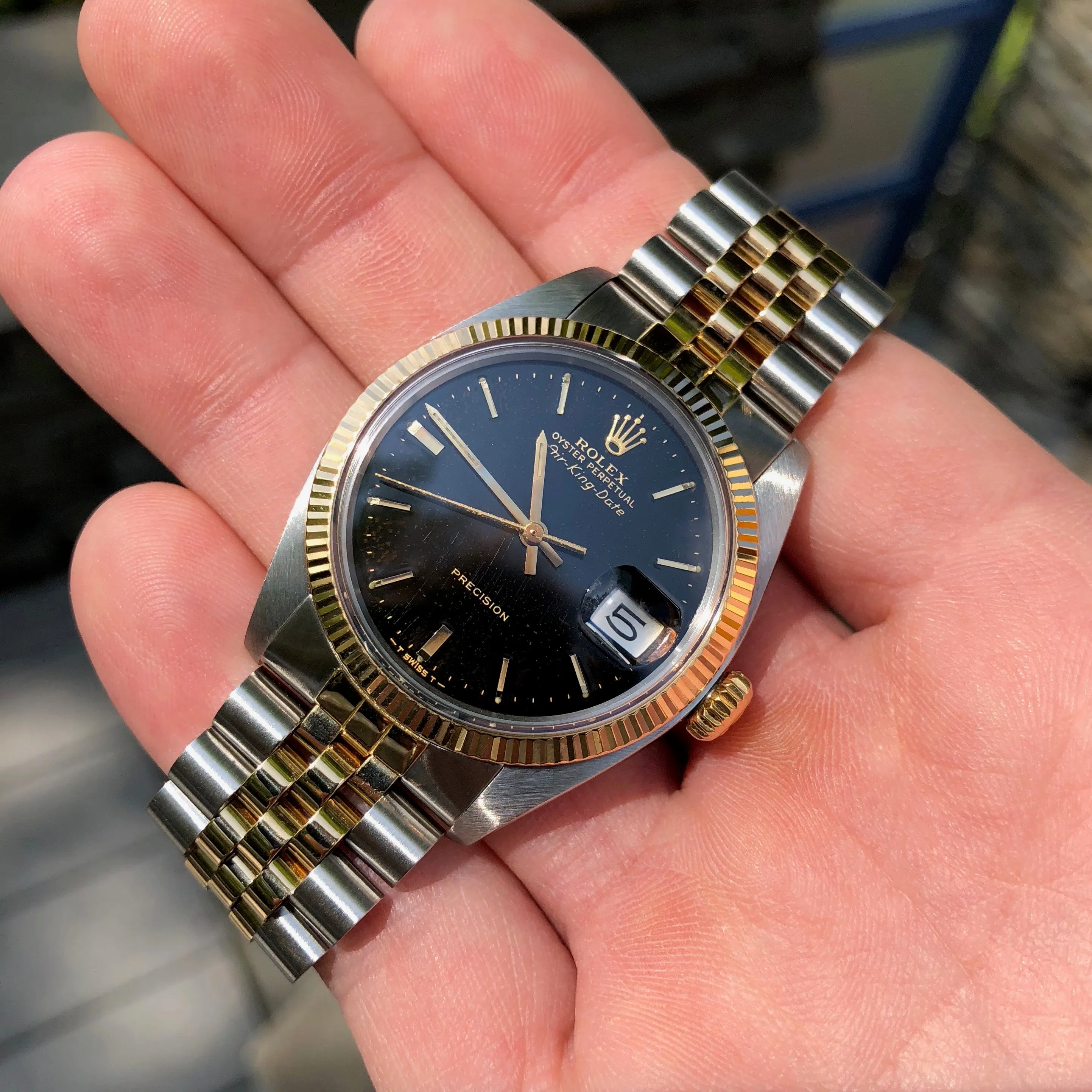 1985 Rolex Air King Date 5701 Two Tone Steel Gold Black Caliber 1570 Automatic Wristwatch