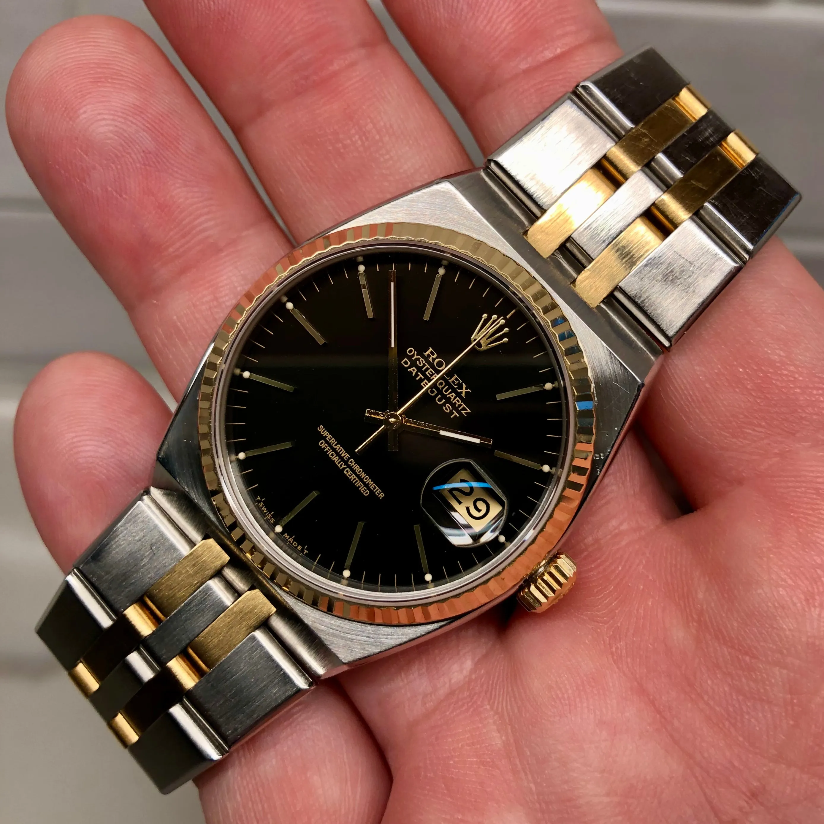 1986 Rolex Datejust Oysterquartz 17013 Black Two Tone Wristwatch with Box Papers