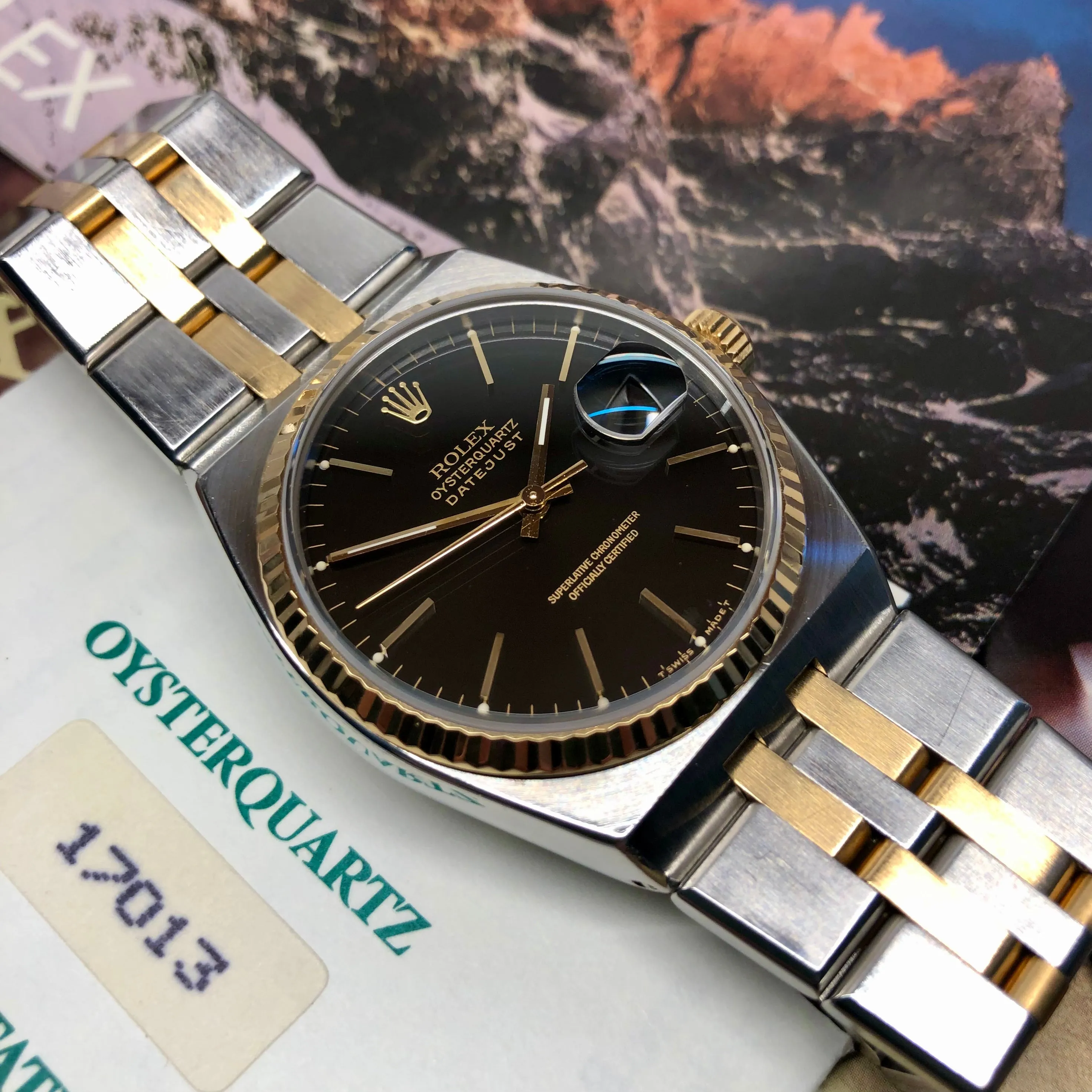 1986 Rolex Datejust Oysterquartz 17013 Black Two Tone Wristwatch with Box Papers