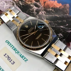 1986 Rolex Datejust Oysterquartz 17013 Black Two Tone Wristwatch with Box Papers