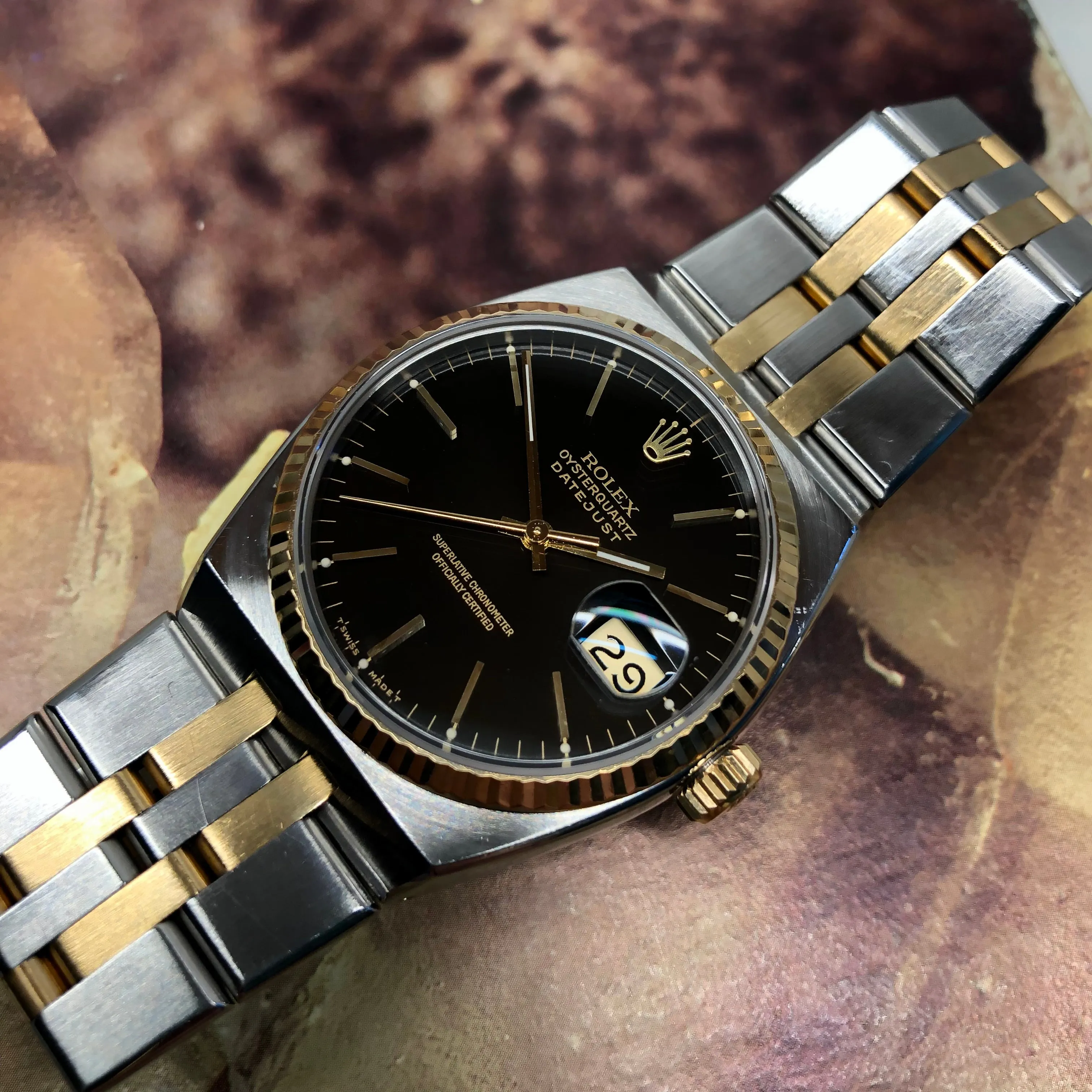 1986 Rolex Datejust Oysterquartz 17013 Black Two Tone Wristwatch with Box Papers