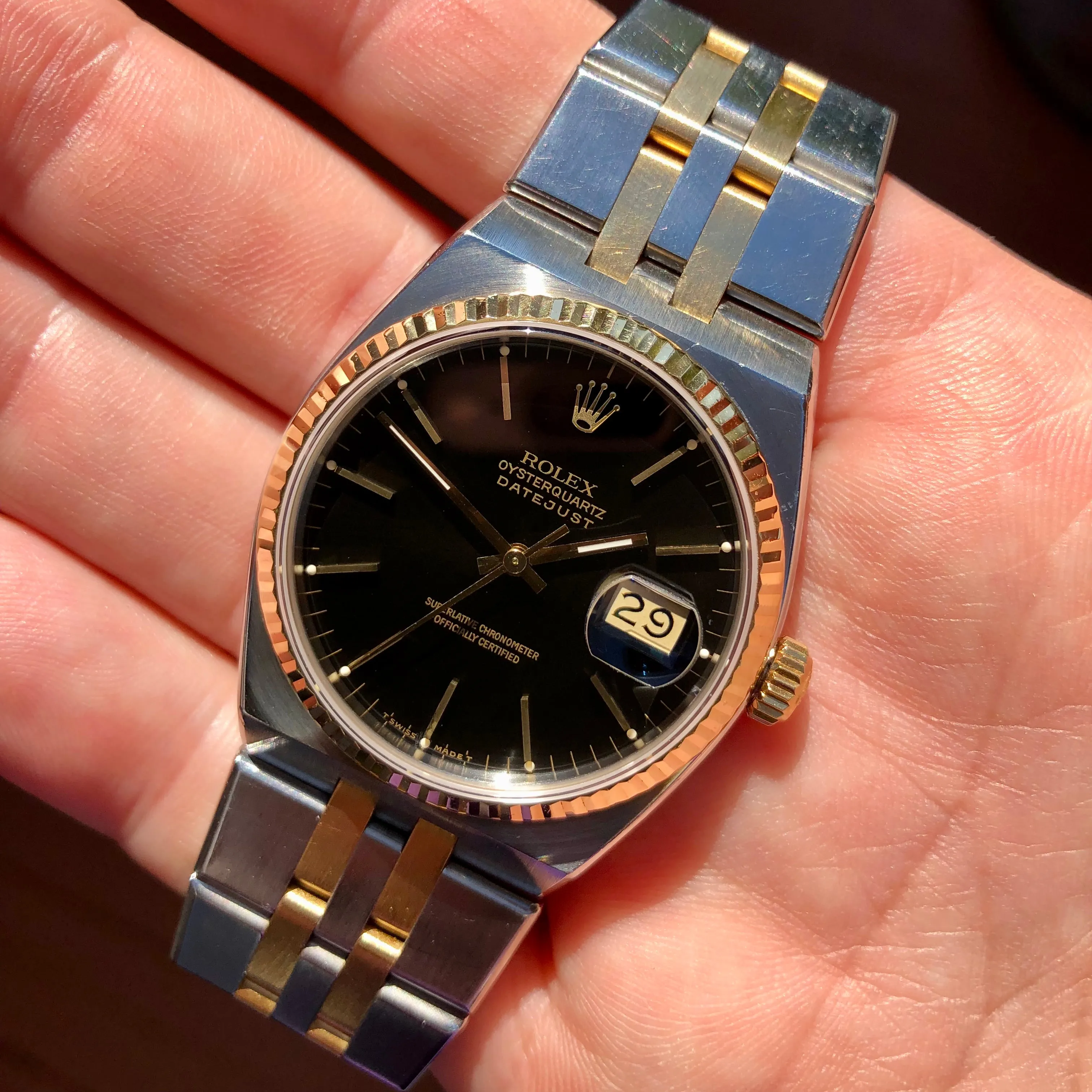 1986 Rolex Datejust Oysterquartz 17013 Black Two Tone Wristwatch with Box Papers