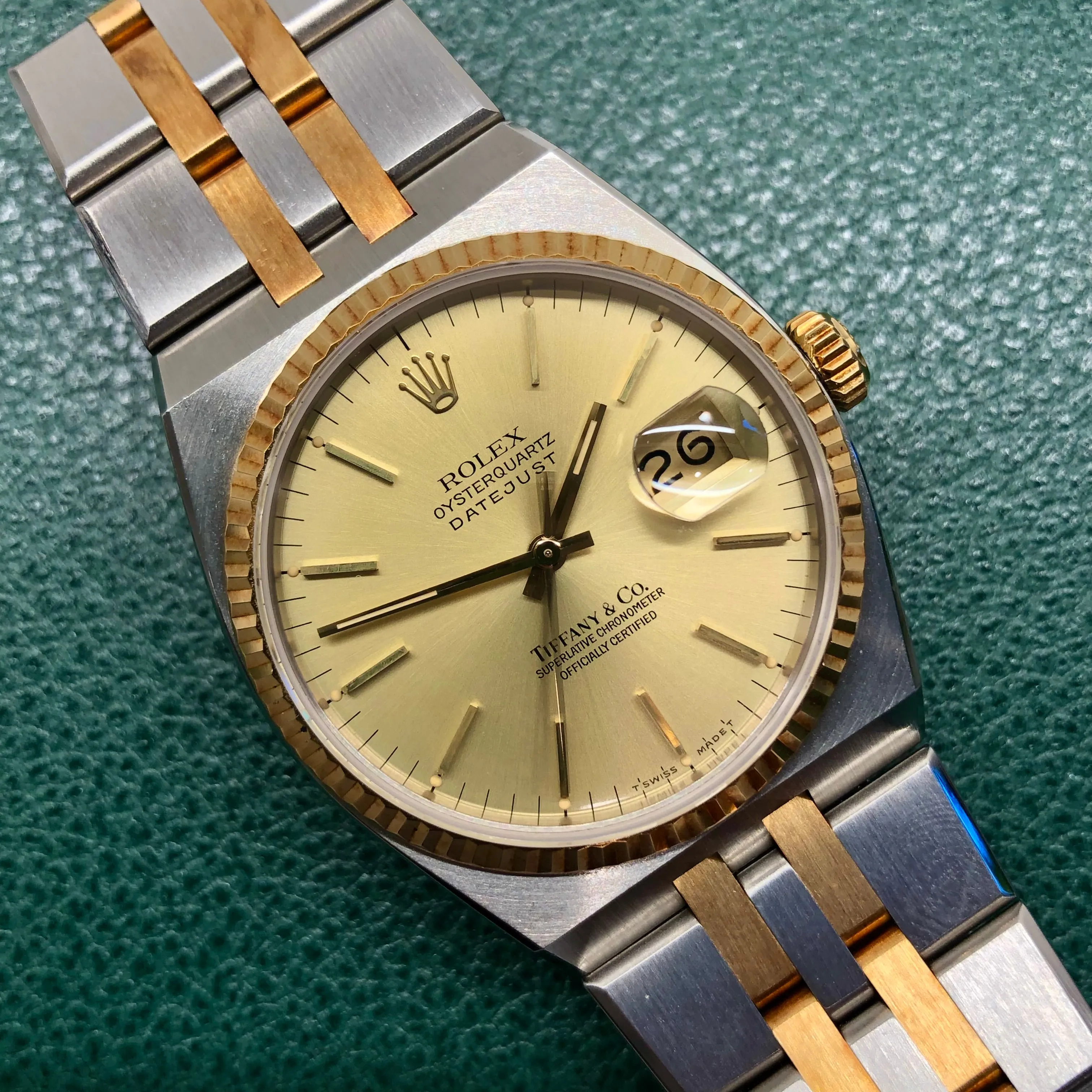1986 Rolex Datejust Oysterquartz 17013 Two Tone Tiffany & Co. Champagne Dial Wristwatch