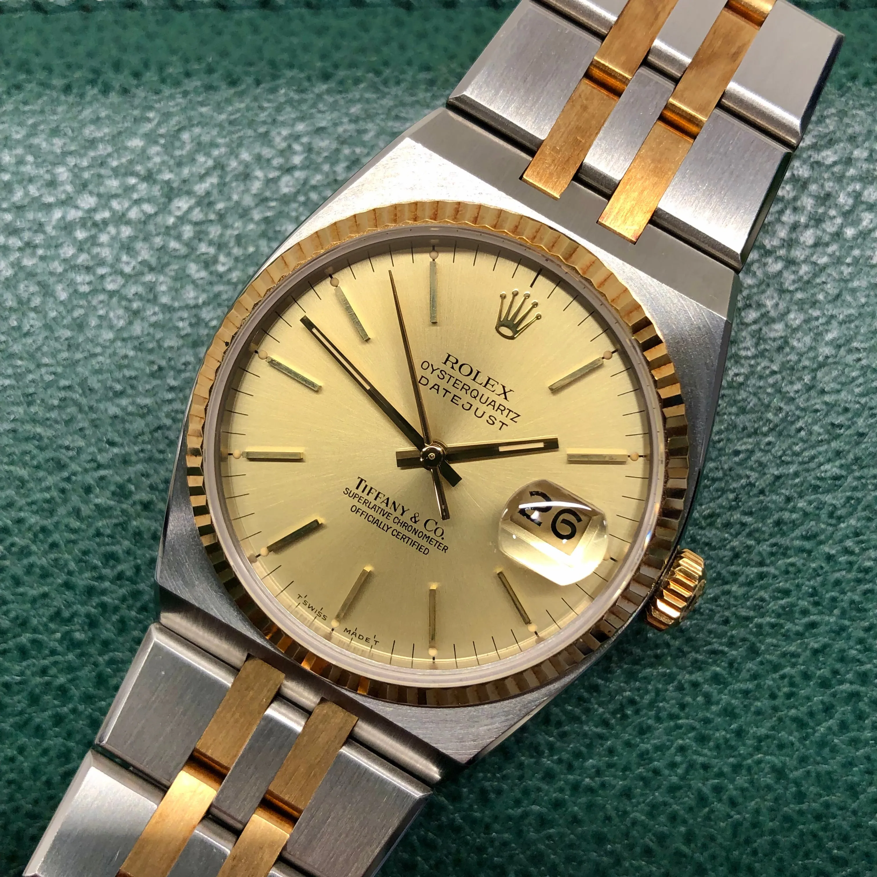 1986 Rolex Datejust Oysterquartz 17013 Two Tone Tiffany & Co. Champagne Dial Wristwatch