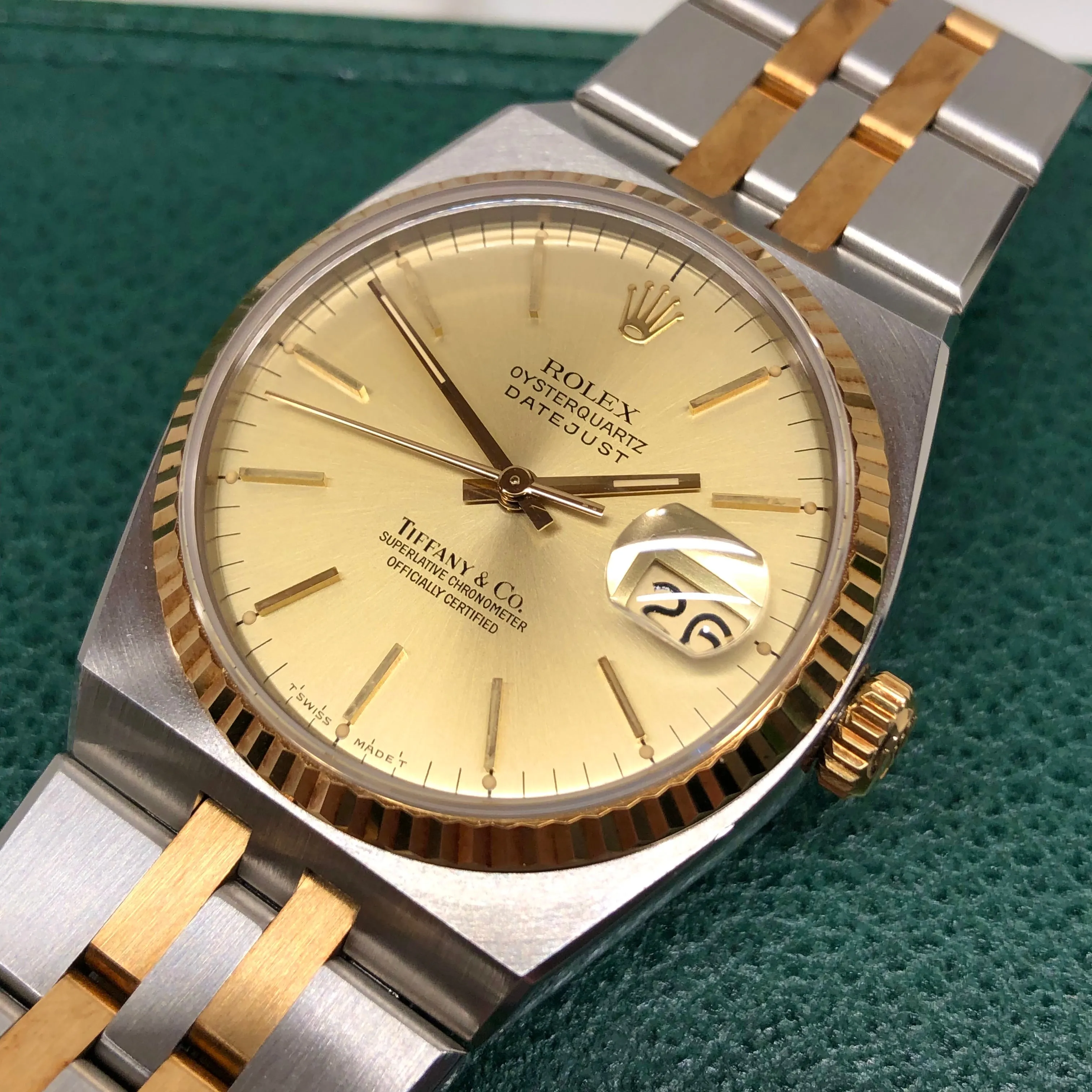 1986 Rolex Datejust Oysterquartz 17013 Two Tone Tiffany & Co. Champagne Dial Wristwatch