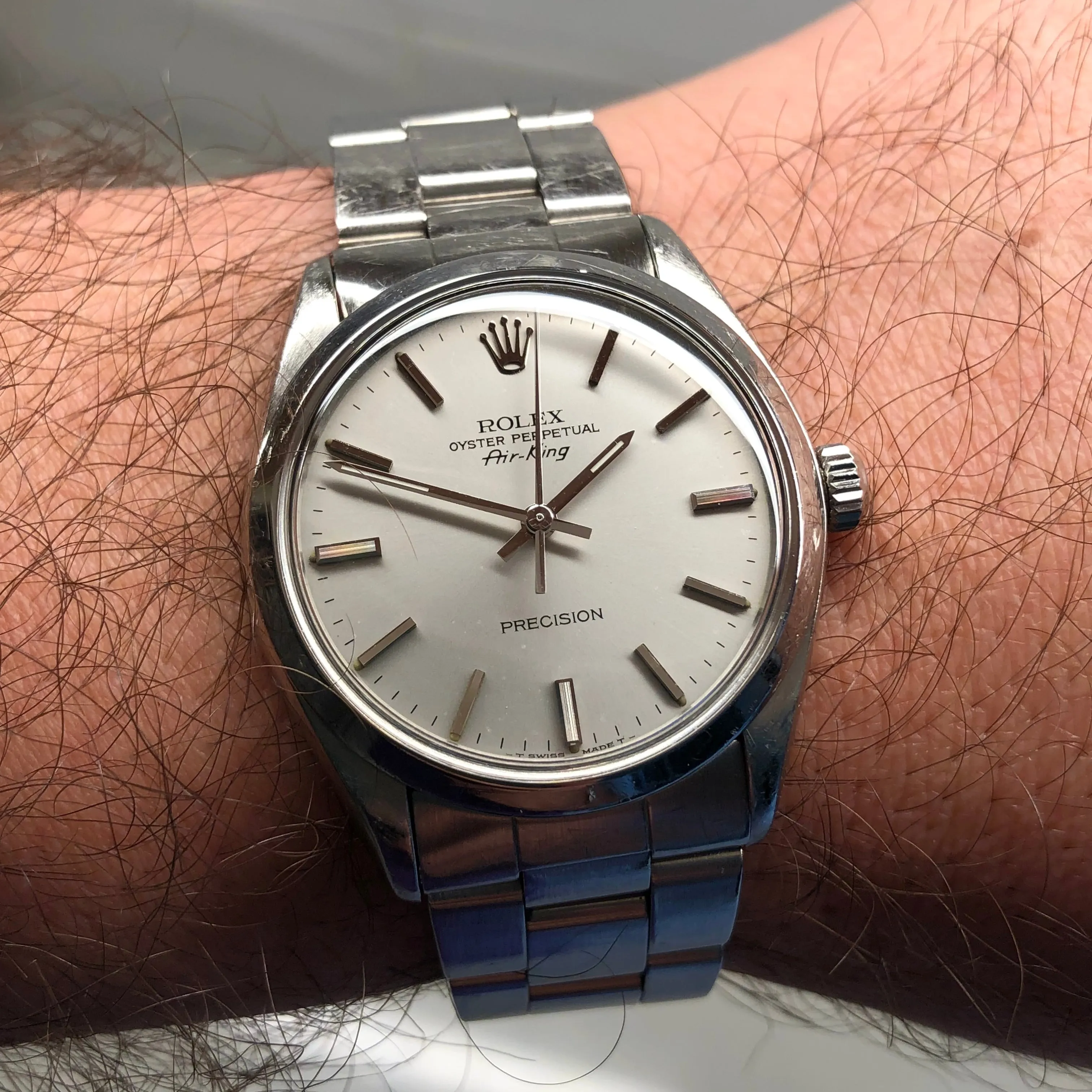 1987 Rolex Air King Precision 5500 Stainless Steel Silver Dial Automatic Wristwatch
