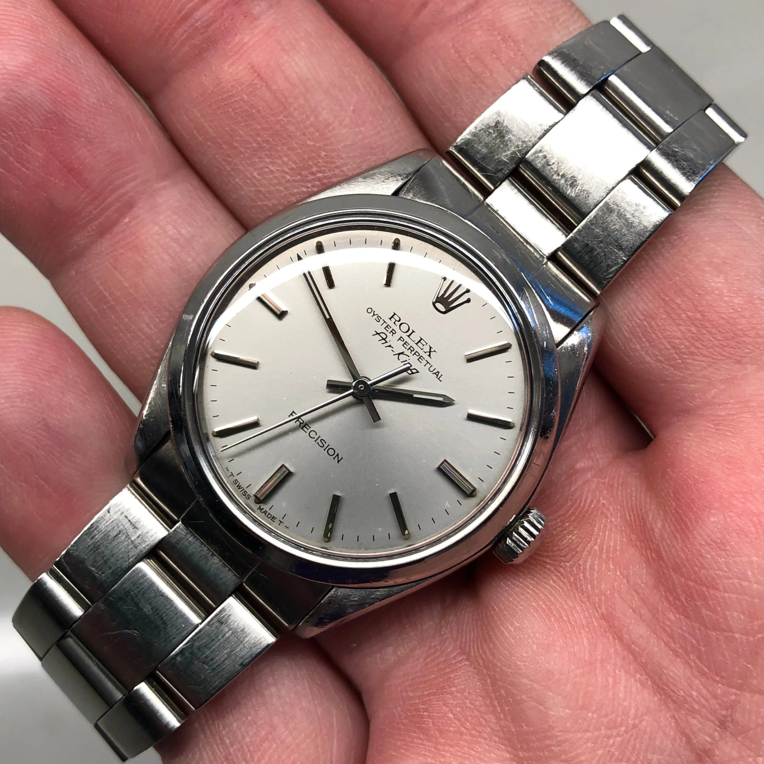 1987 Rolex Air King Precision 5500 Stainless Steel Silver Dial Automatic Wristwatch