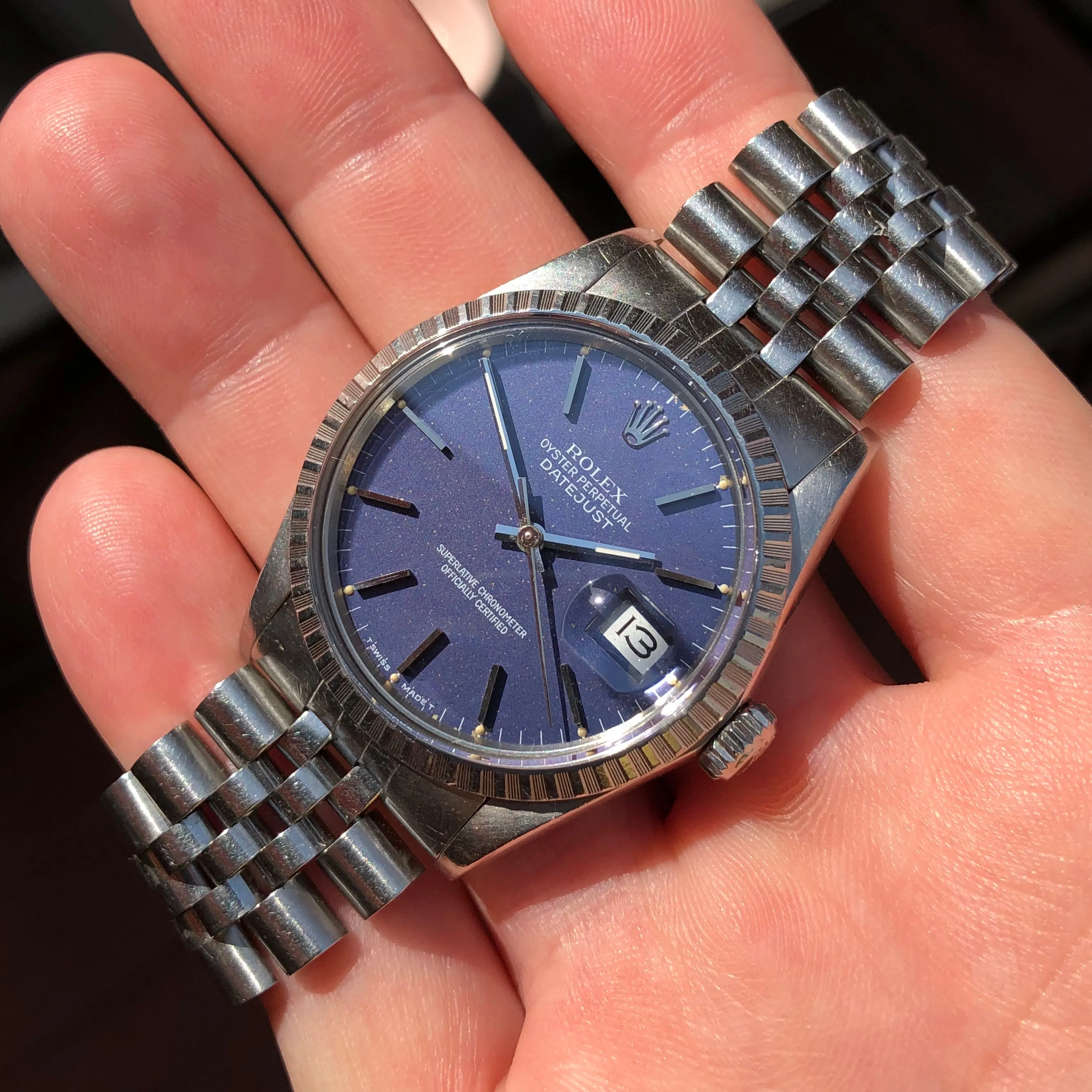 1987 Vintage Rolex Datejust 16030 Steel Tropical Violet Engine Turned Automatic Wristwatch