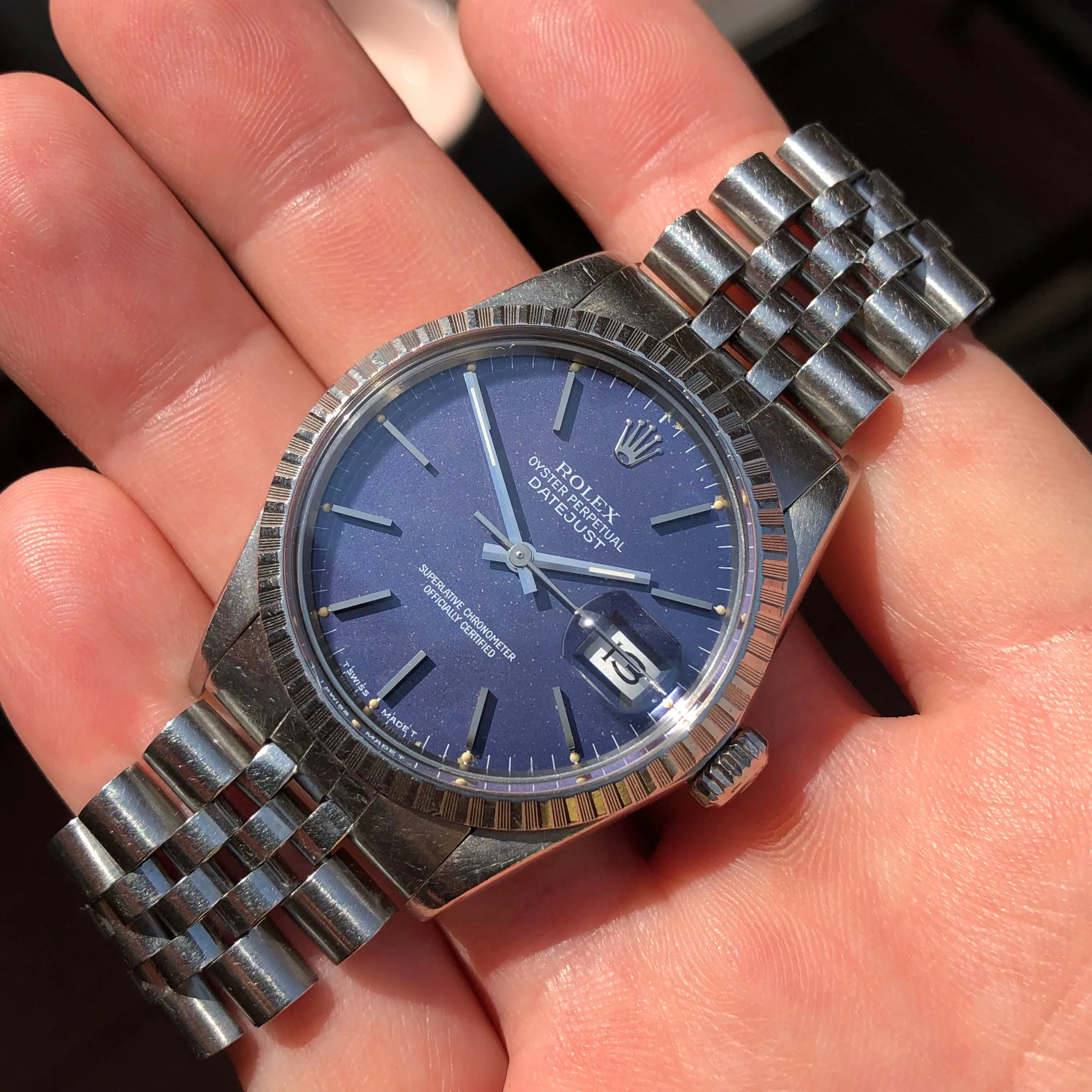 1987 Vintage Rolex Datejust 16030 Steel Tropical Violet Engine Turned Automatic Wristwatch