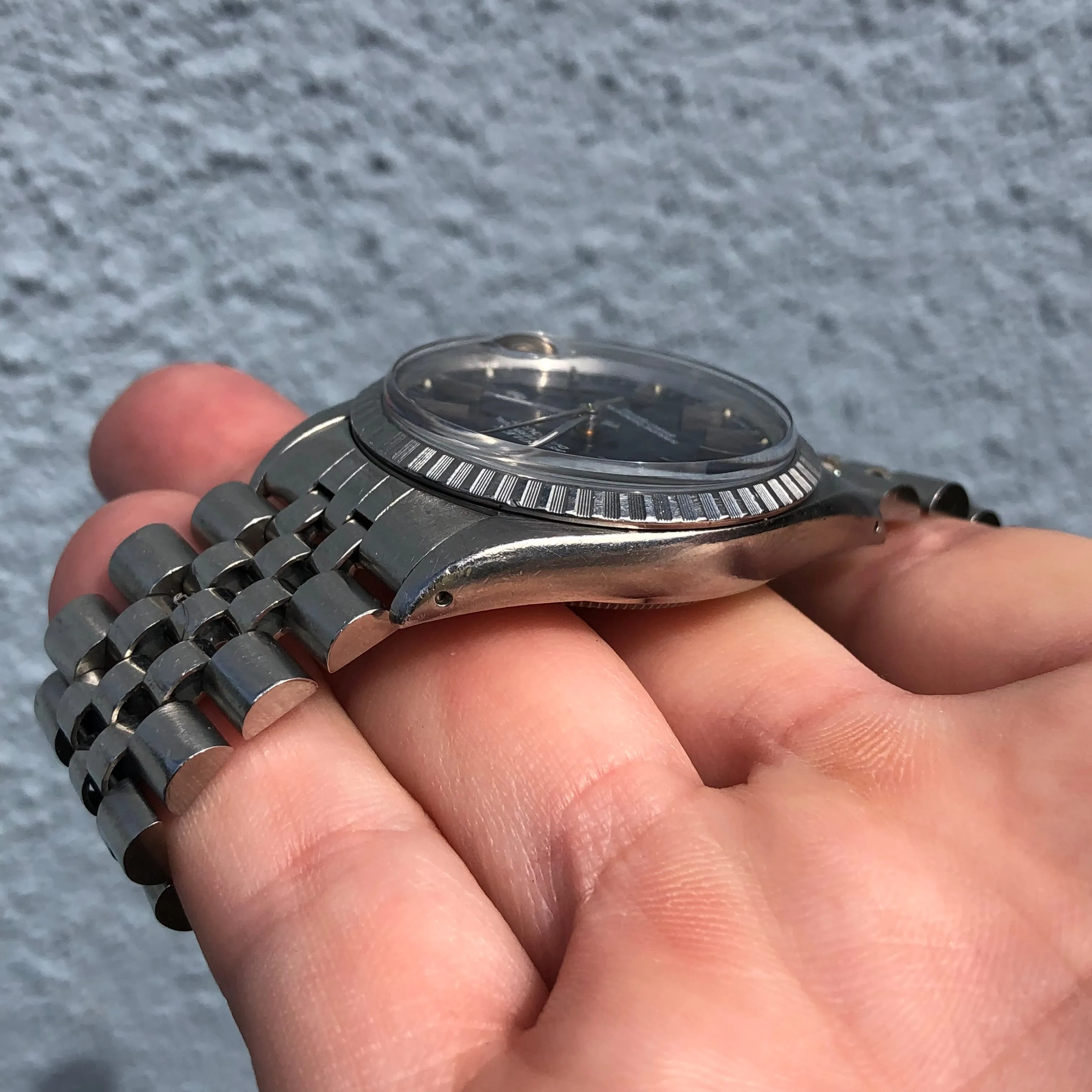 1987 Vintage Rolex Datejust 16030 Steel Tropical Violet Engine Turned Automatic Wristwatch