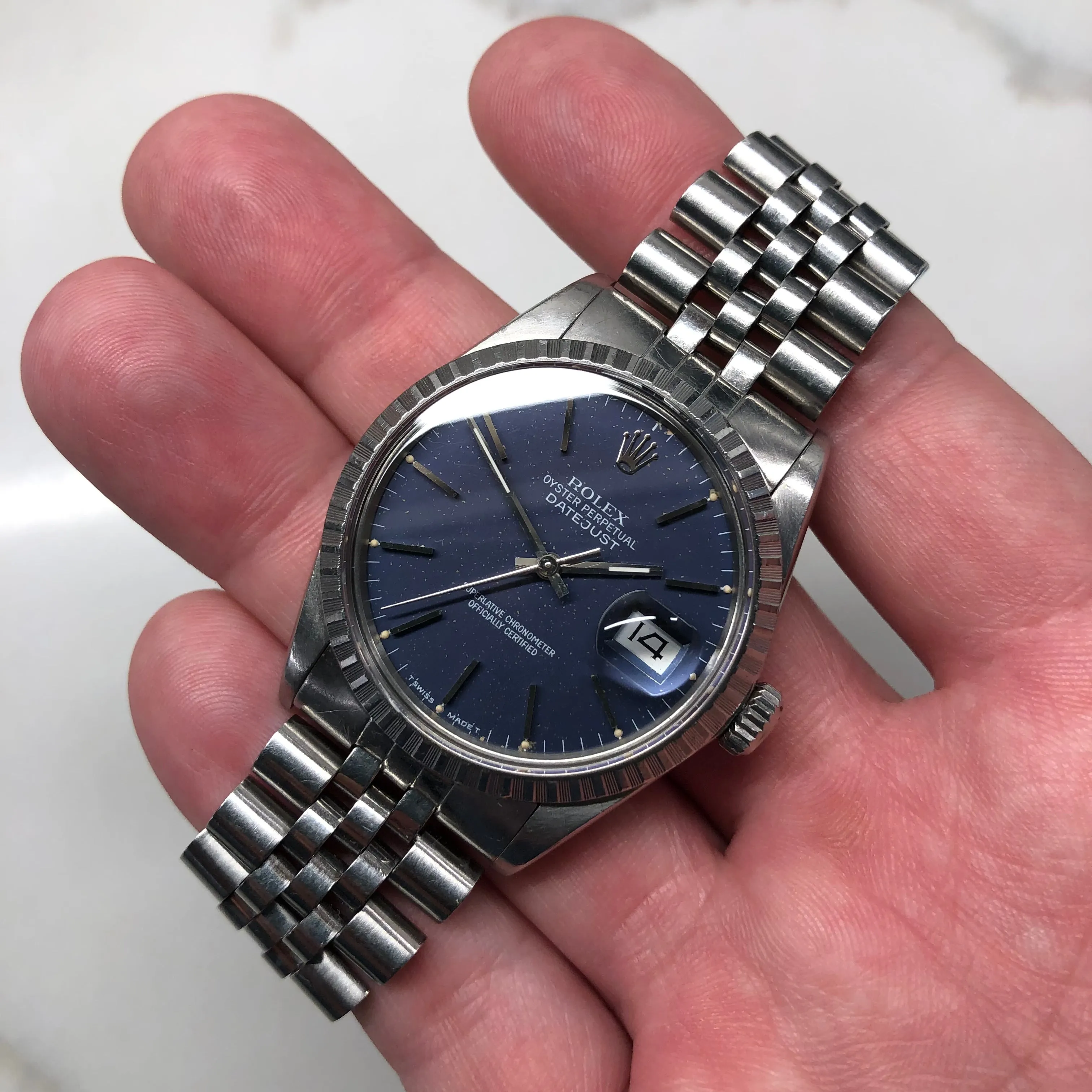 1987 Vintage Rolex Datejust 16030 Steel Tropical Violet Engine Turned Automatic Wristwatch