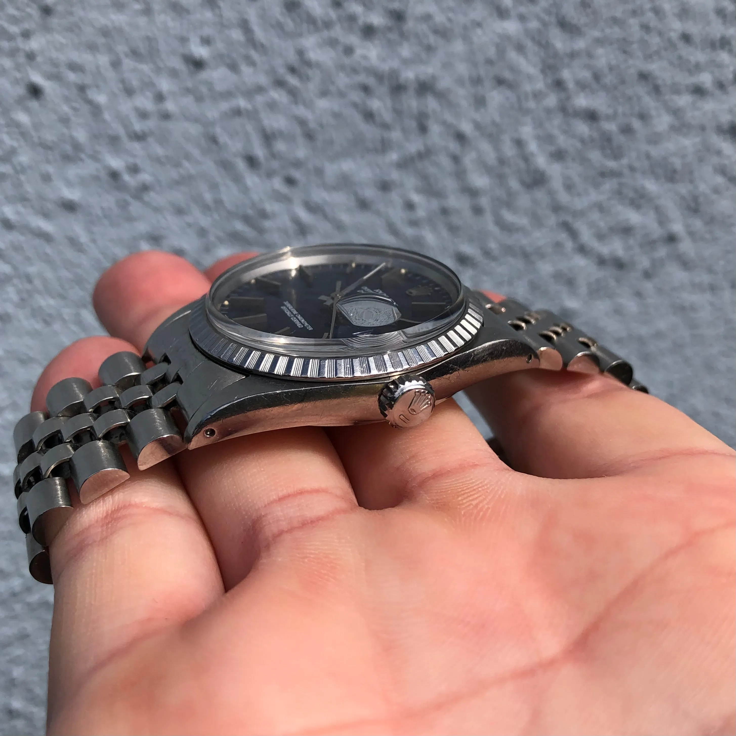 1987 Vintage Rolex Datejust 16030 Steel Tropical Violet Engine Turned Automatic Wristwatch