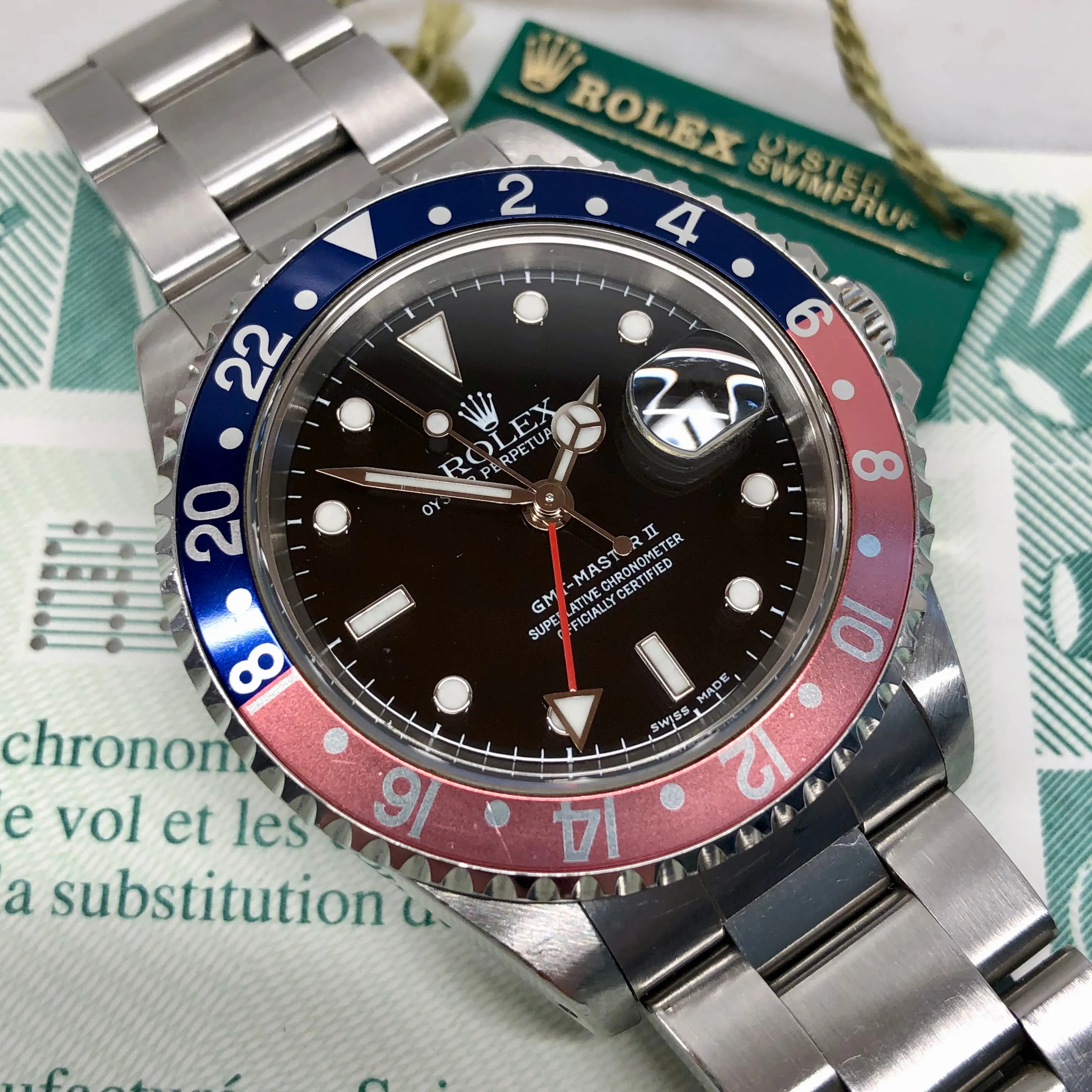 1999 Rolex GMT MASTER II 16710 Pepsi Oyster Wristwatch with Original Tag and Papers