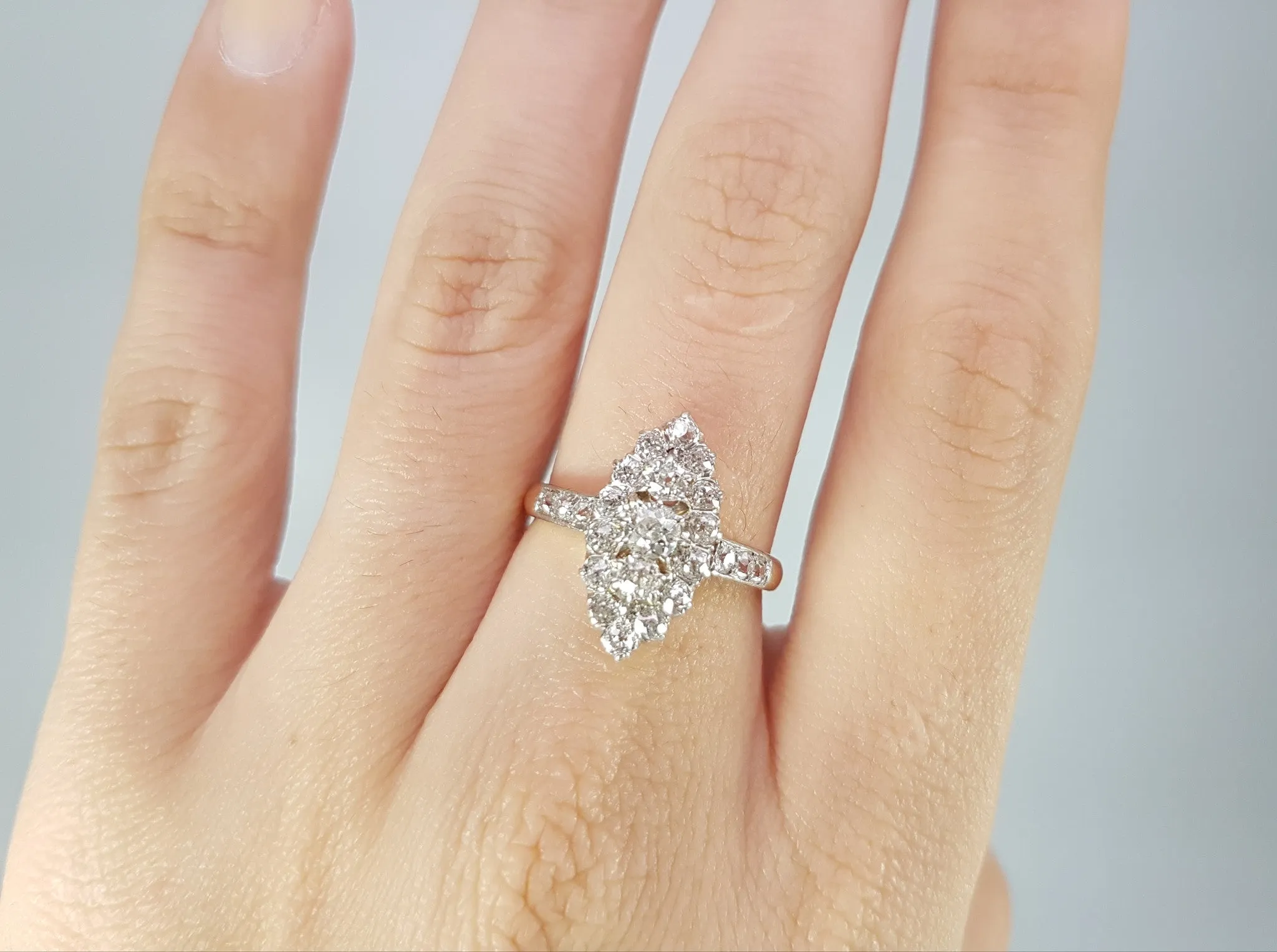 1CTW  ANTIQUE PLATINUM AND GOLD FRENCH NAVETTE DIAMOND RING