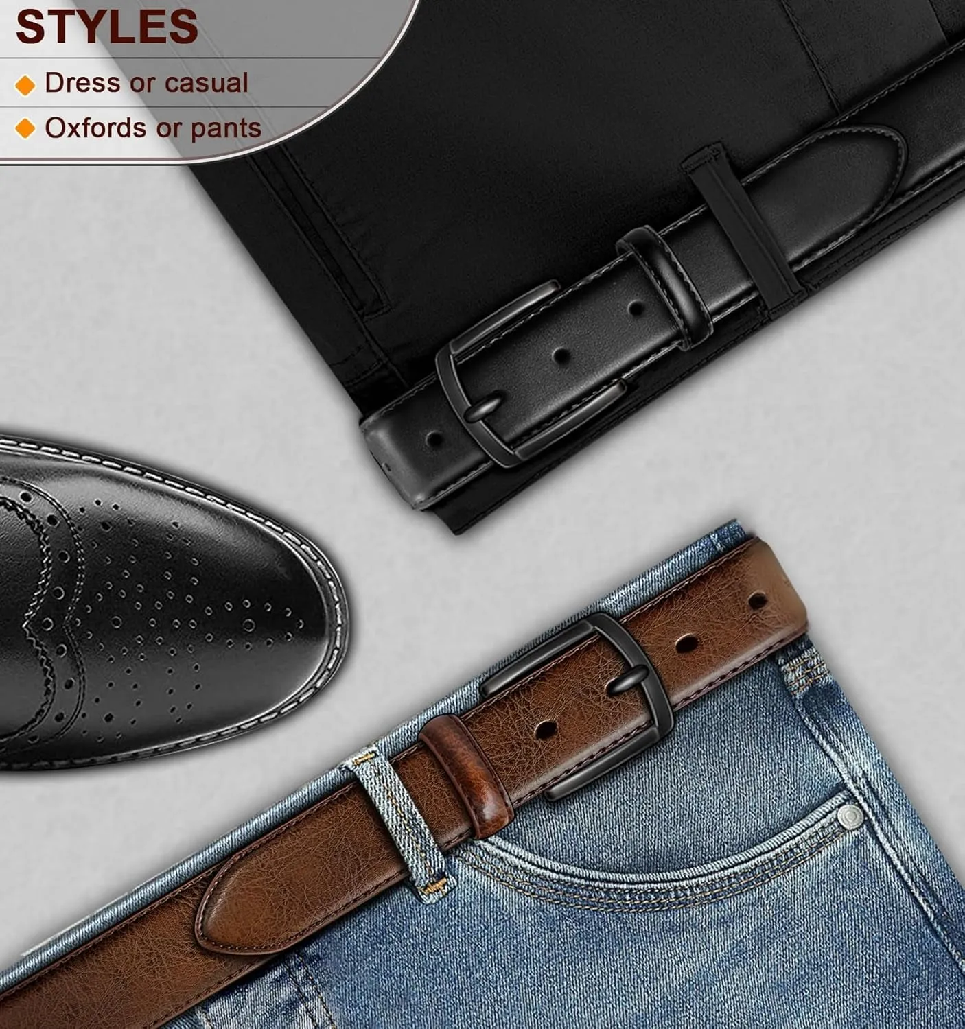 2Pack Mens Genuine Leather Belt for Dress Casual Jeans 1 3/8"