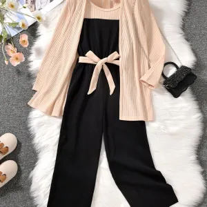 3PCS Girls Ribbed Cotton Solid Color Jumpsuit & Apricot Jacket Set