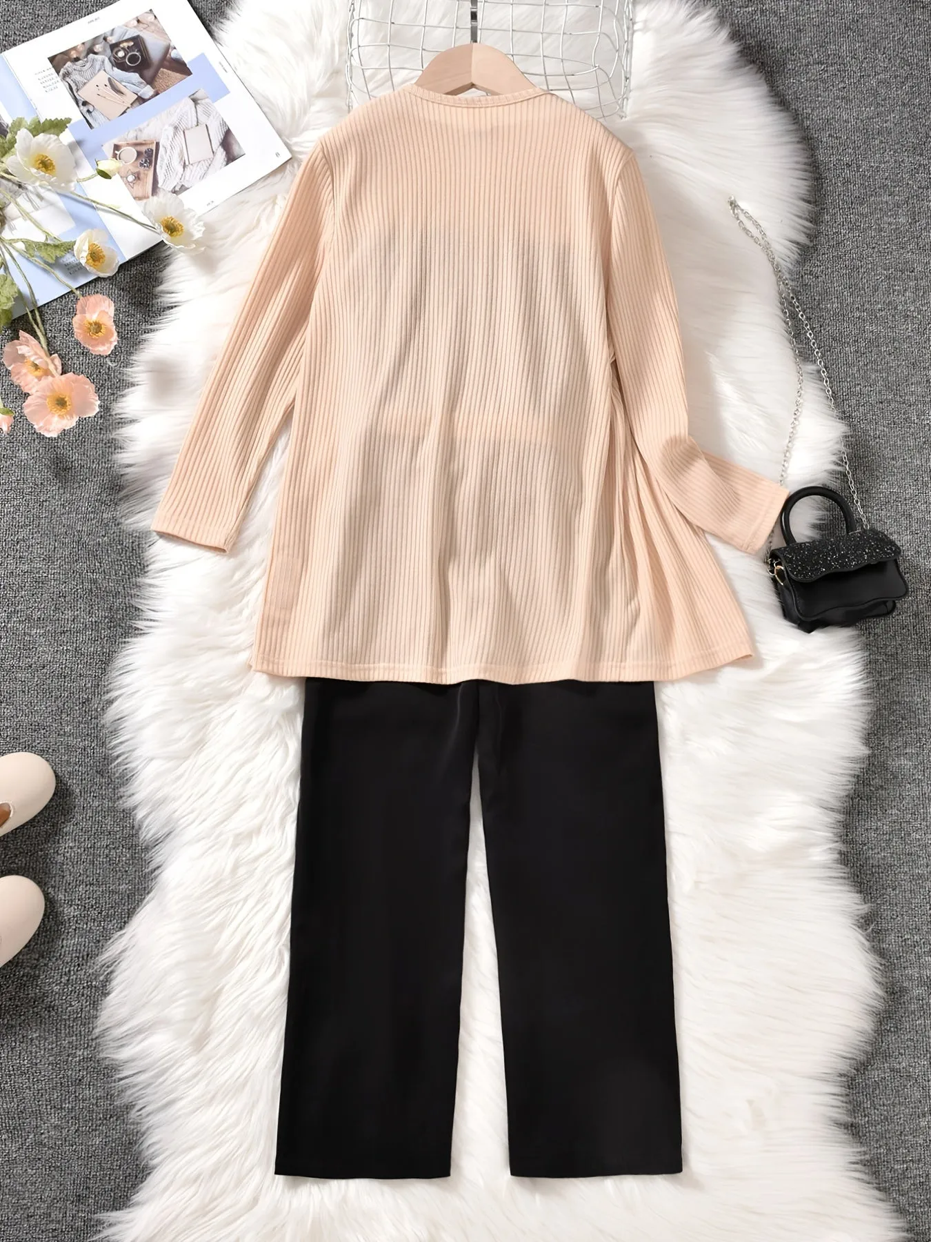 3PCS Girls Ribbed Cotton Solid Color Jumpsuit & Apricot Jacket Set
