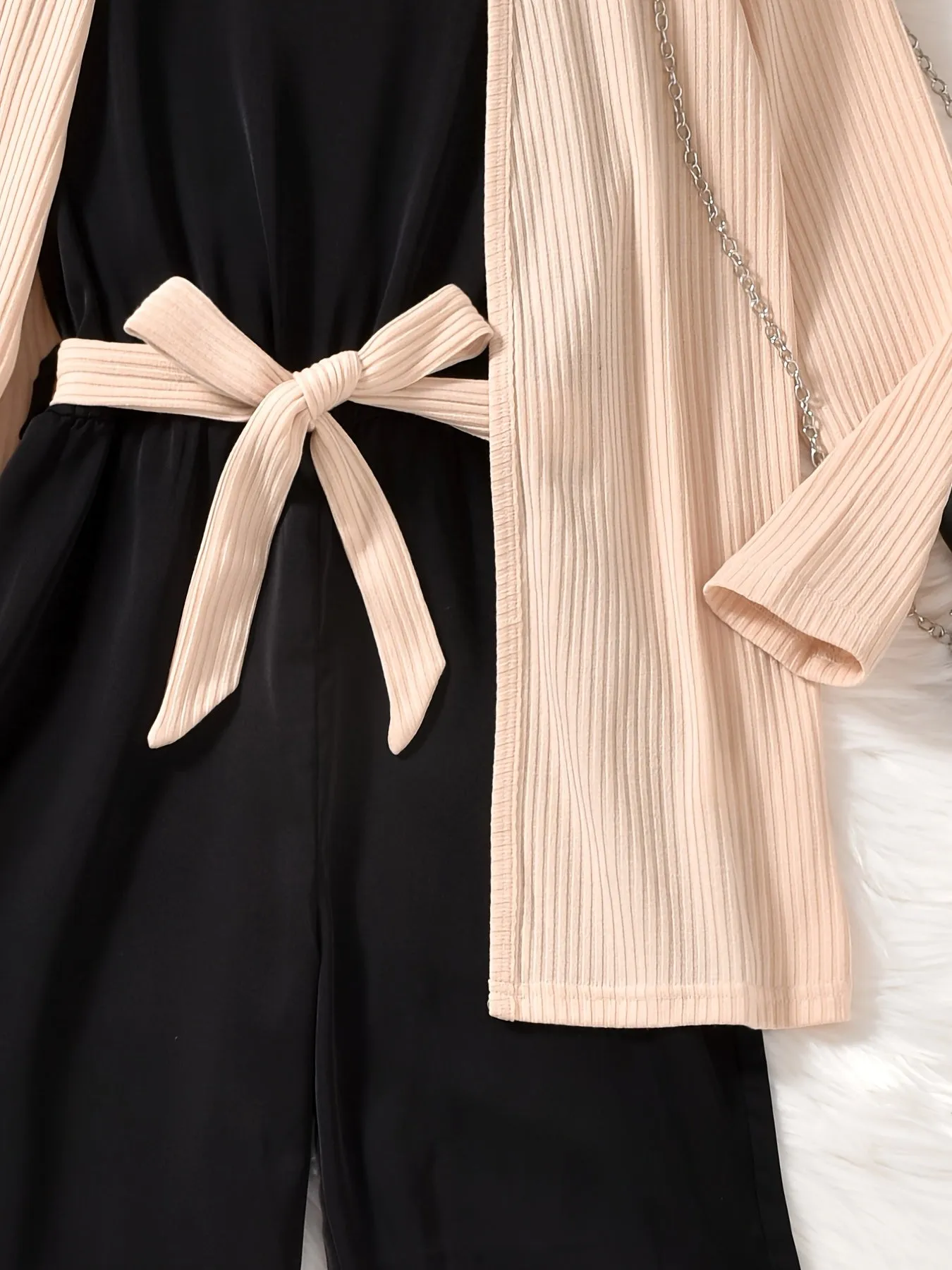 3PCS Girls Ribbed Cotton Solid Color Jumpsuit & Apricot Jacket Set