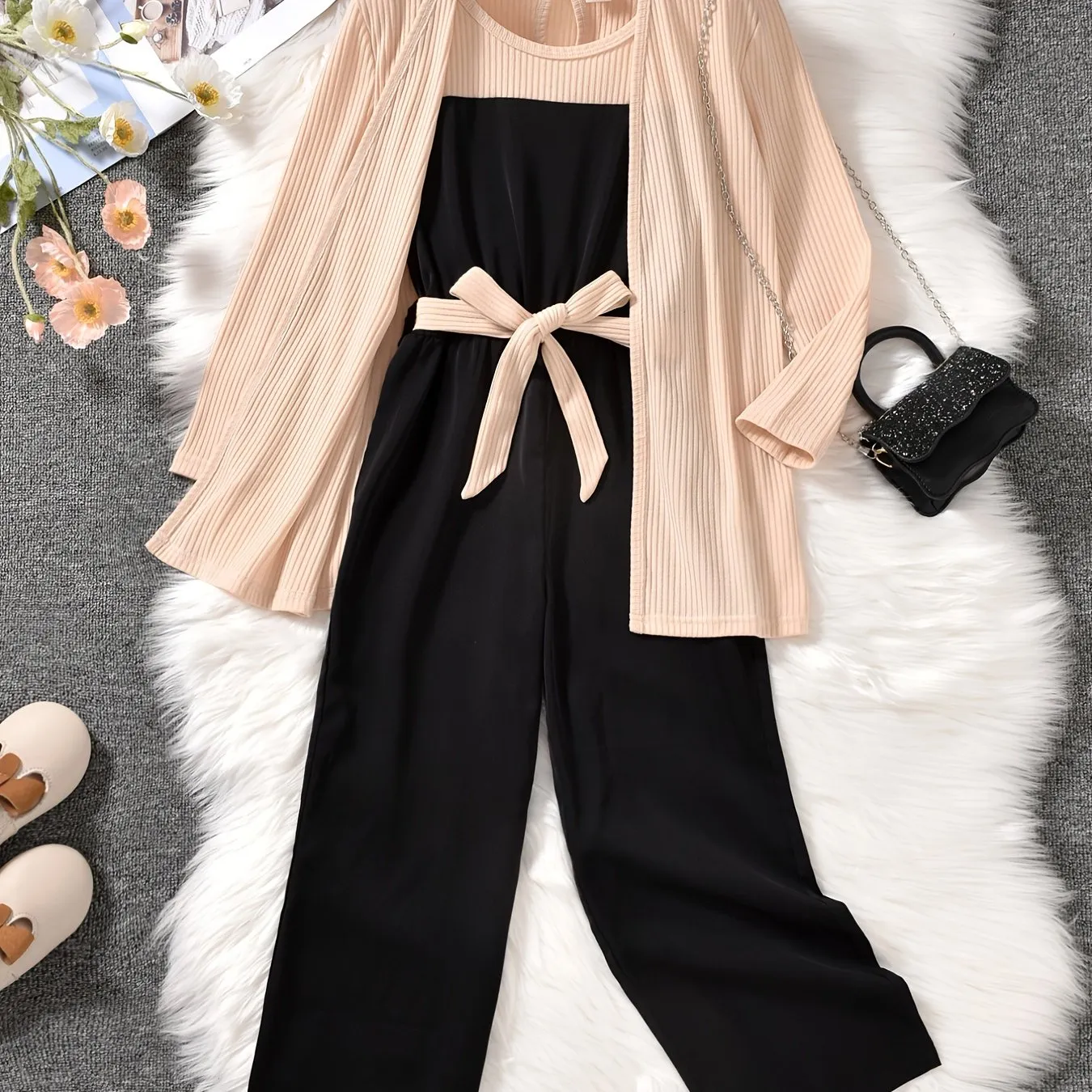 3PCS Girls Ribbed Cotton Solid Color Jumpsuit & Apricot Jacket Set