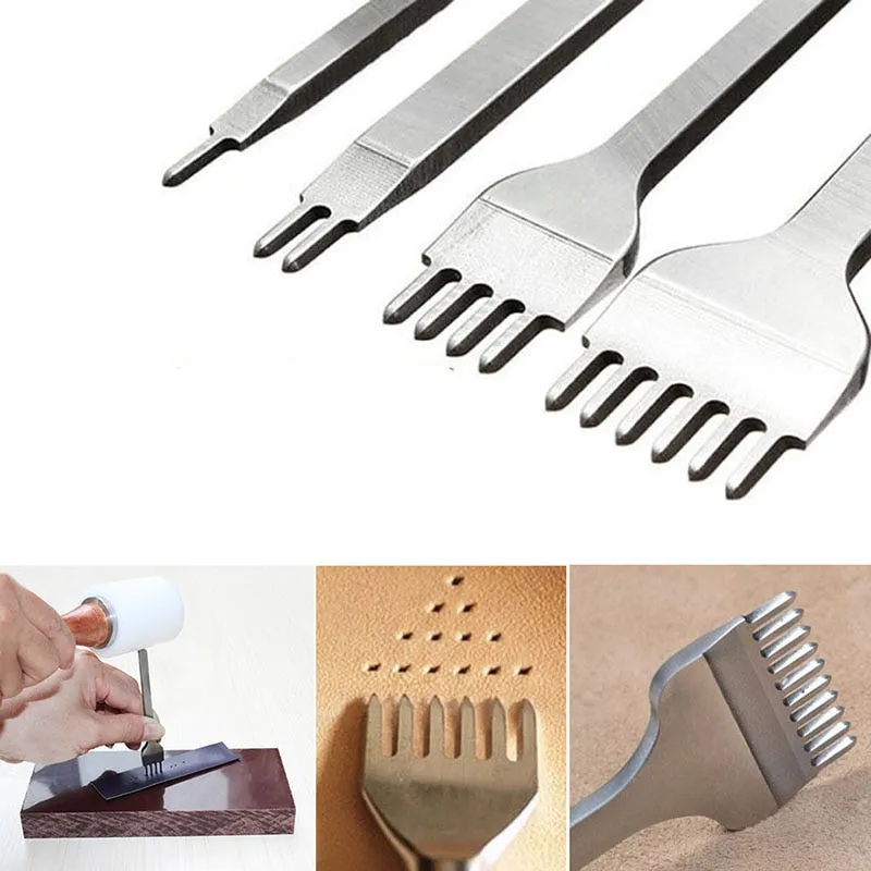 4 Pcs/Set Leather Craft Tools Stainless Steel 1 2 3 6 Hole Chisel Graving Stitching Punch Tools Kit 3mm/4mm/5mm/6mm for Sale