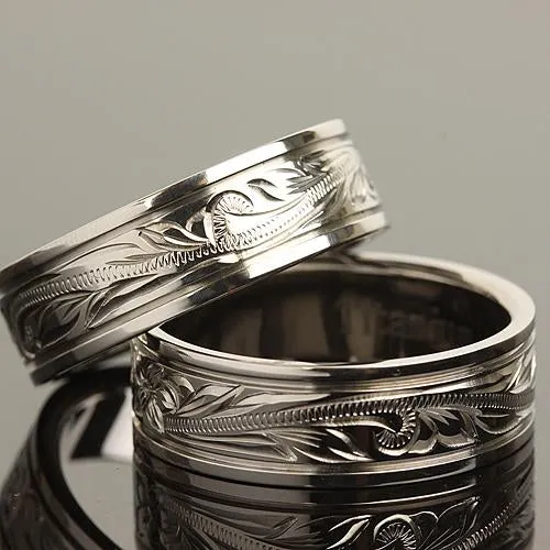 8mm Hawaiian Scroll Titanium Wedding Ring with Two Engraved Line