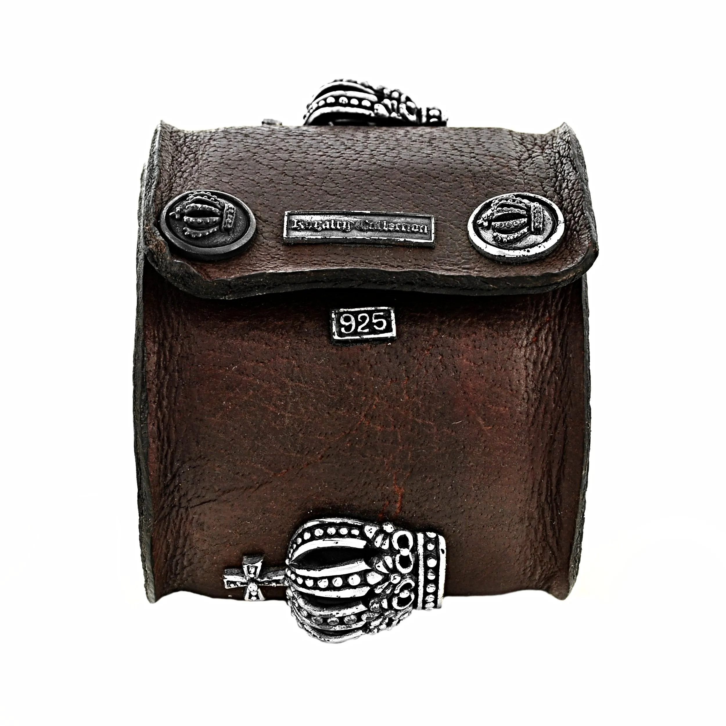 925 Sterling Silver Crown Cross in Genuine Brown Leather Men's Biker Bracelet 9"