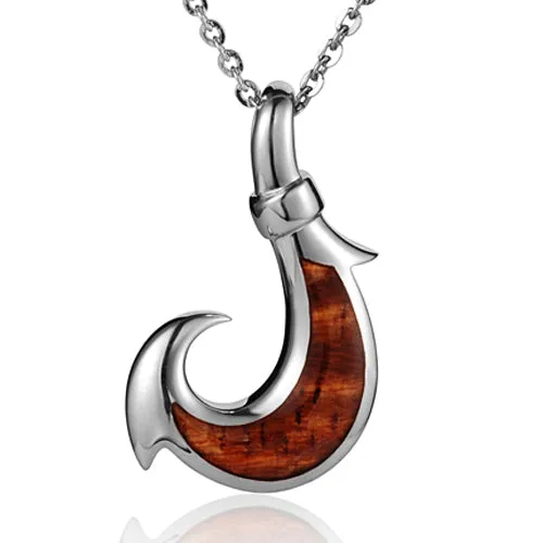 925 Sterling Silver Koa Wood Inlaid Fish Hook Pendant(L) (Chain Sold Separately)