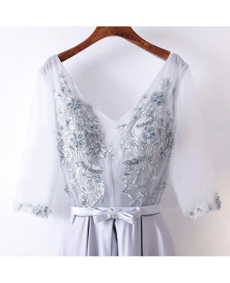 A-line Gorgeous Silver Satin Long Party Dress V-neck With Sleeves  TD0001