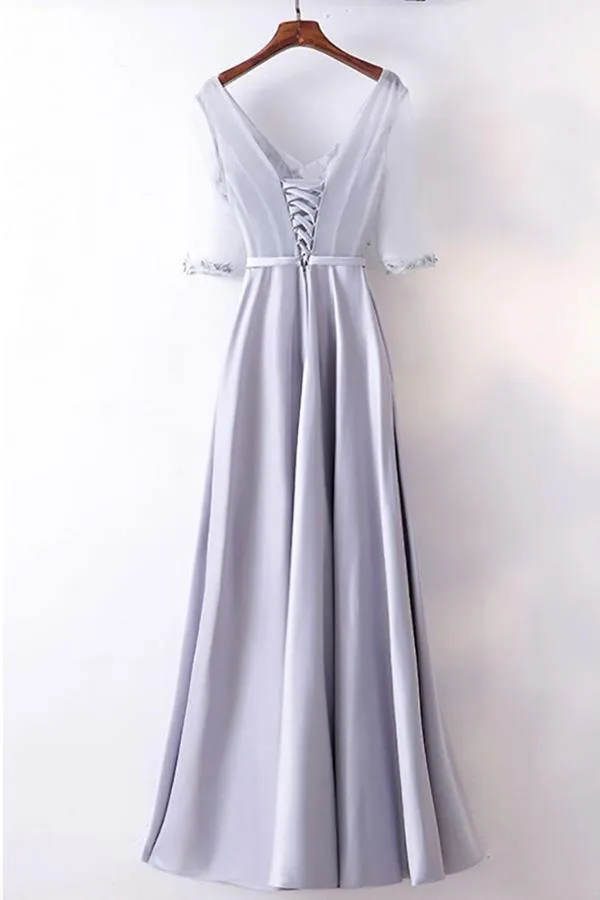 A-line Gorgeous Silver Satin Long Party Dress V-neck With Sleeves  TD0001