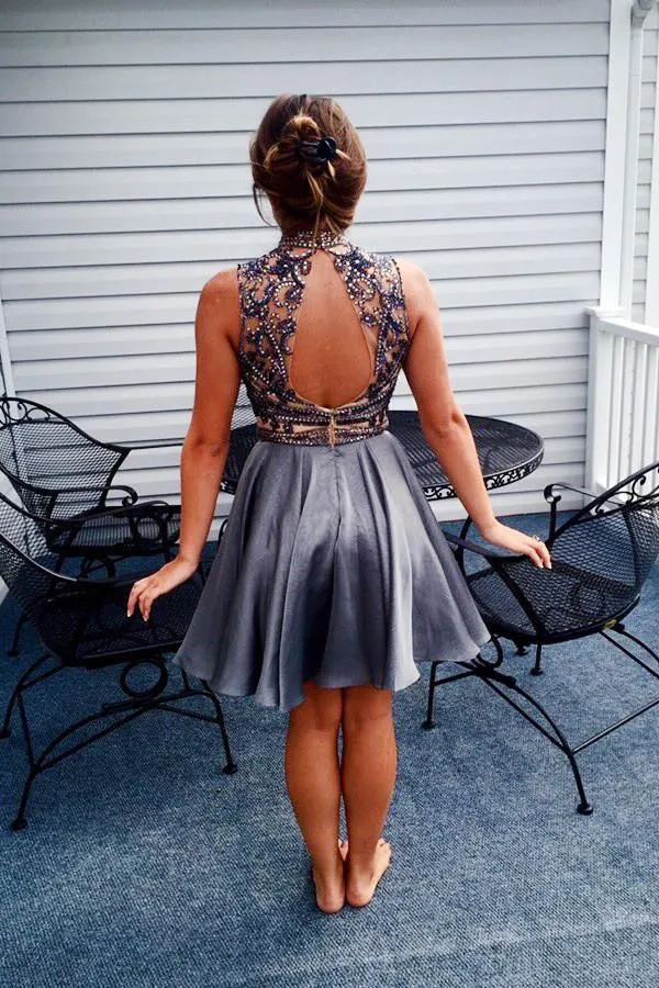 A-Line High Neck Open Back Short Grey Homecoming Dress With Beading TR0172