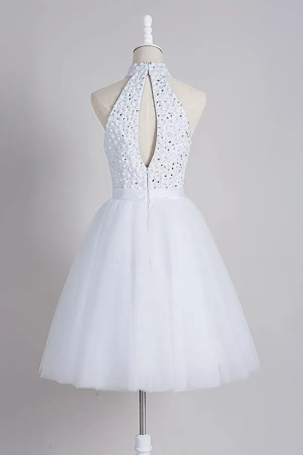 A-Line High Open Back White Short Tulle Homecoming Dress With Beading TR0164